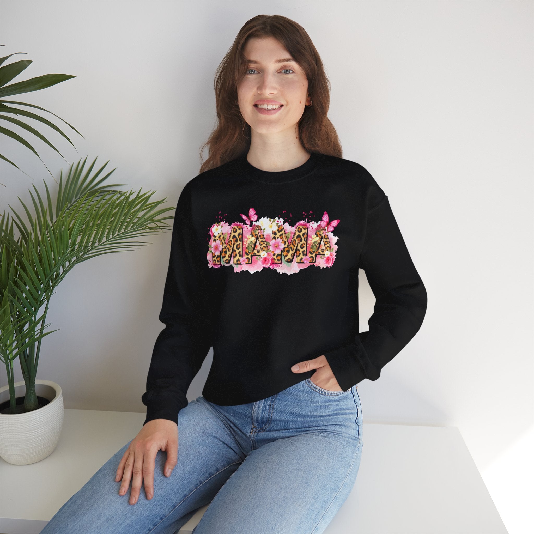 Mama Leopard Floral Crewneck Sweatshirt – Pink Butterflies