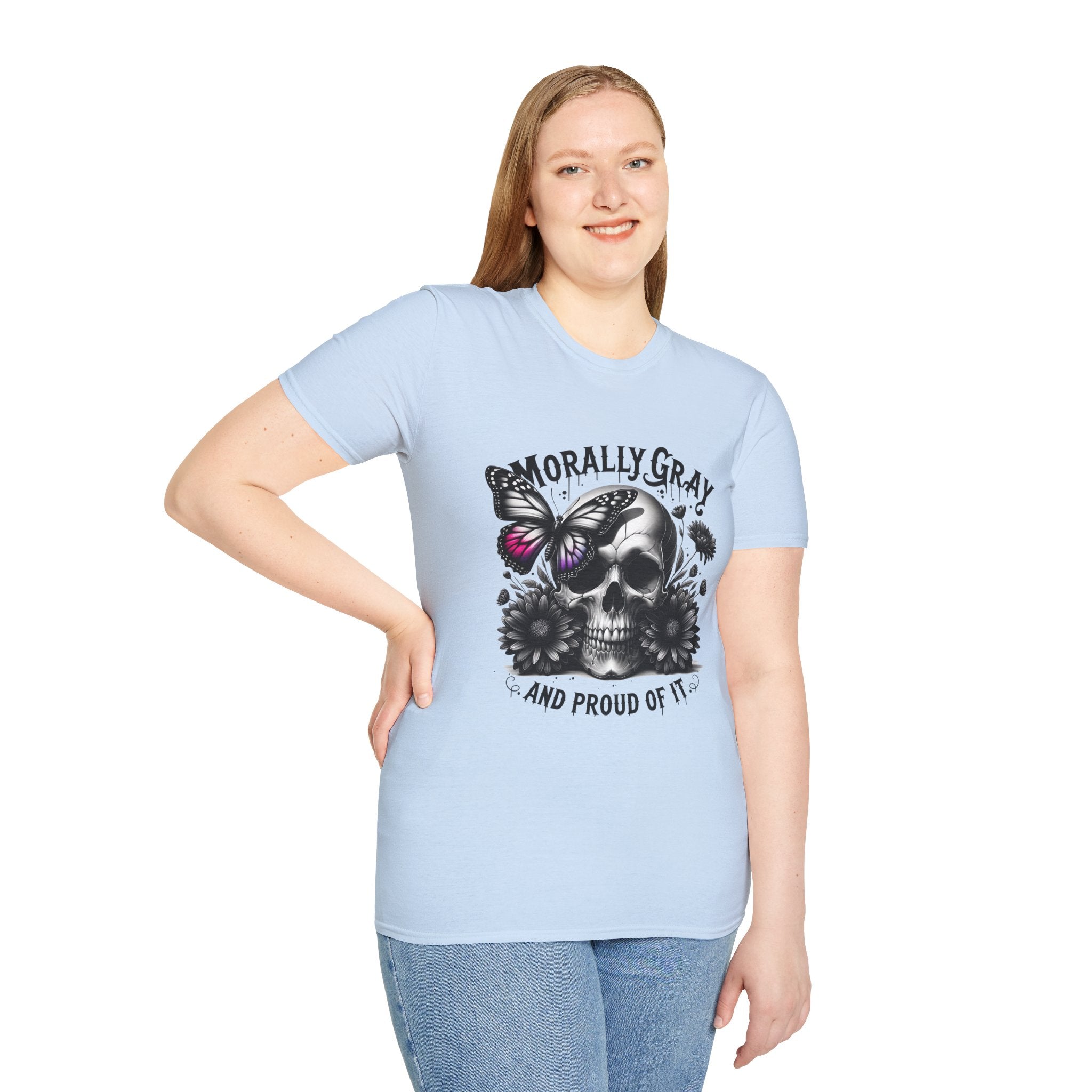 Morally Gray Skull T-Shirt — "Morally Gray and Proud of It" Gothic Butterfly Tee