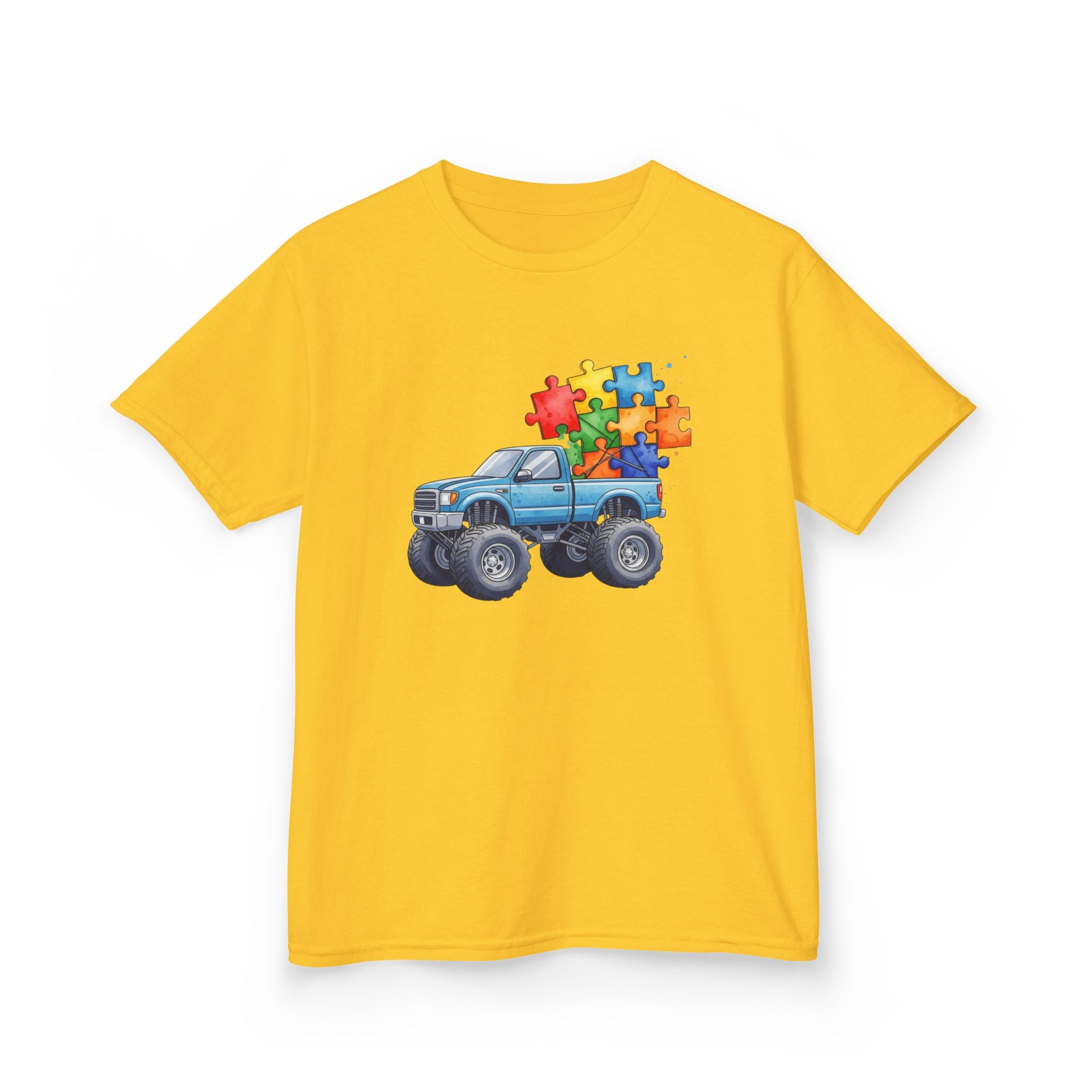 Kids Monster Truck Autism Awareness T‑Shirt — Puzzle Piece Ride
