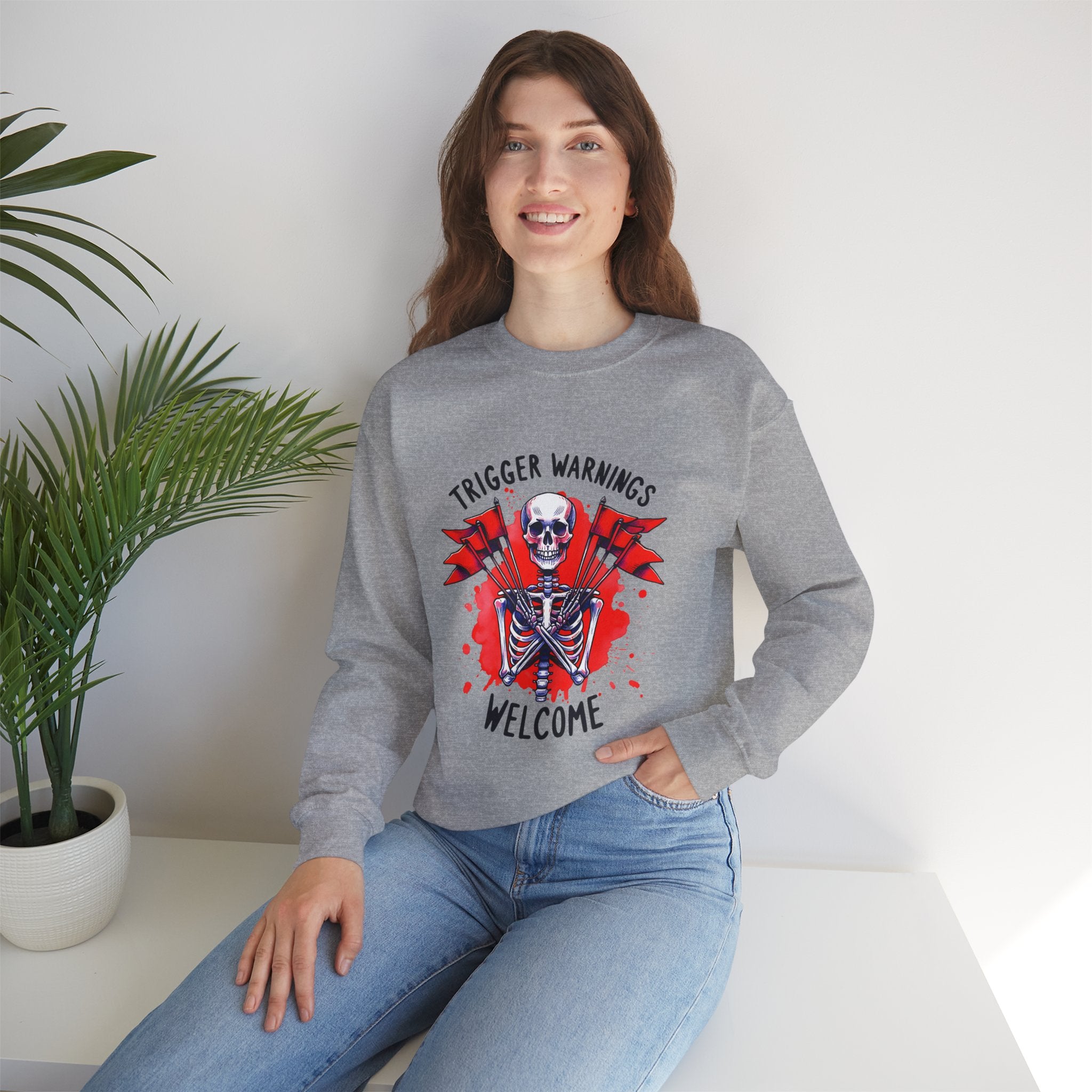 Skeleton Graphic Sweatshirt — "Trigger Warnings Welcome" Gothic Crewneck