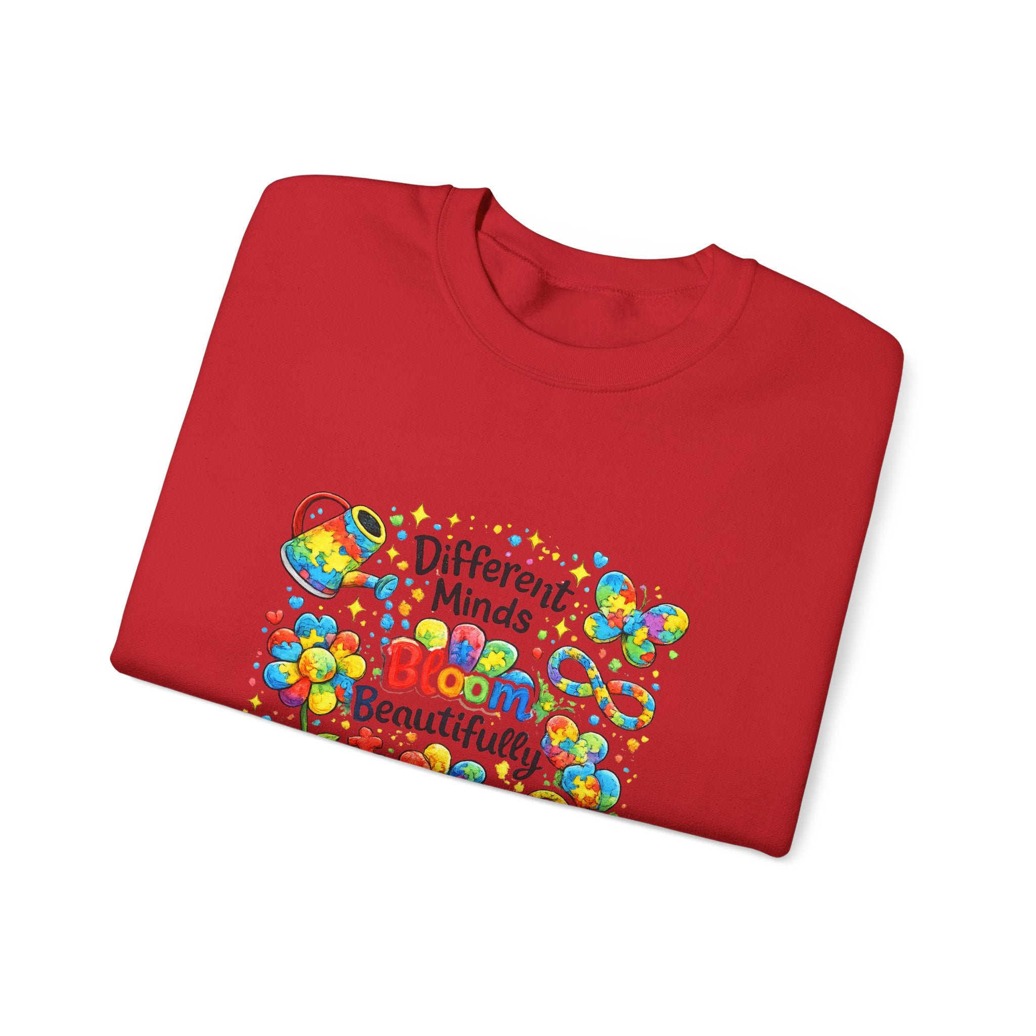 Autism Awareness Crewneck Sweatshirt — “Different Minds Bloom Beautifully” Colorful Puzzle Flower Design