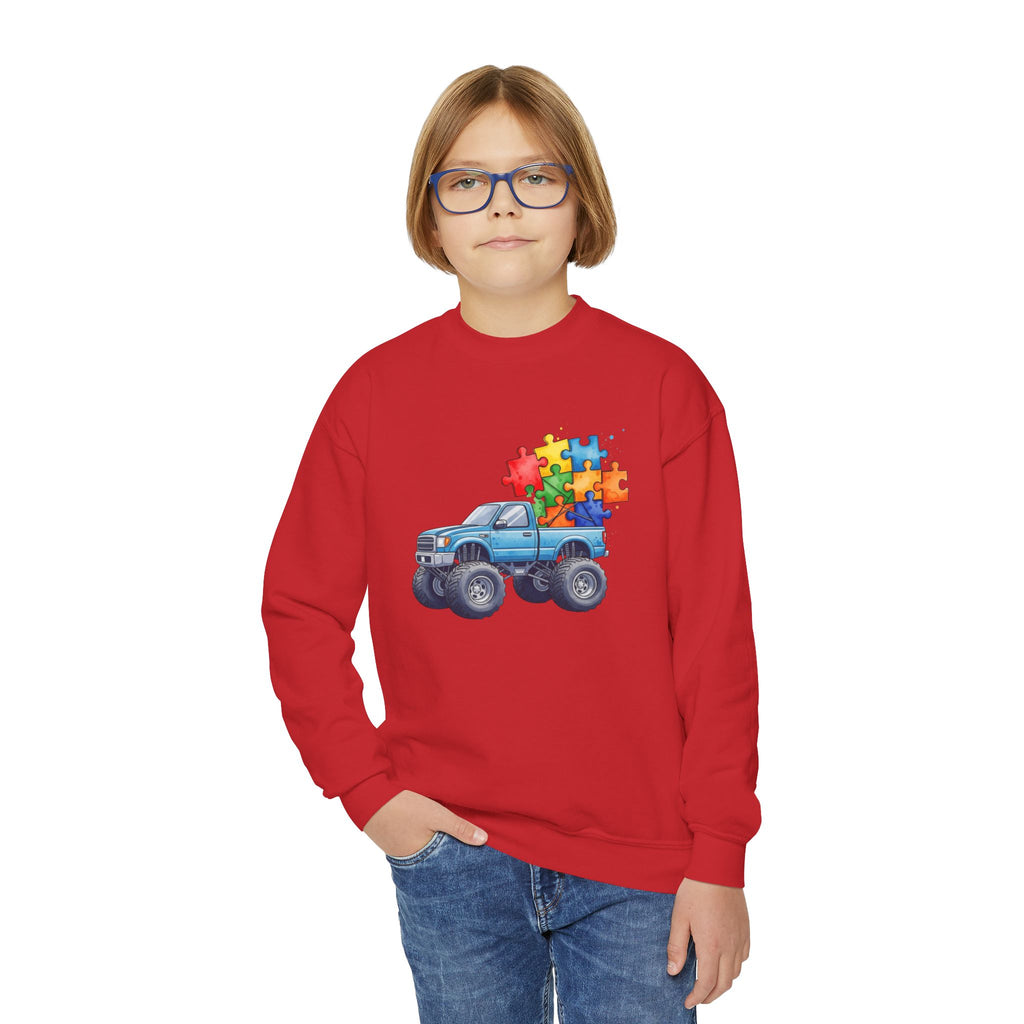 Kids Monster Truck Sweatshirt with Colorful Puzzle Pieces – Autism Awareness Crewneck