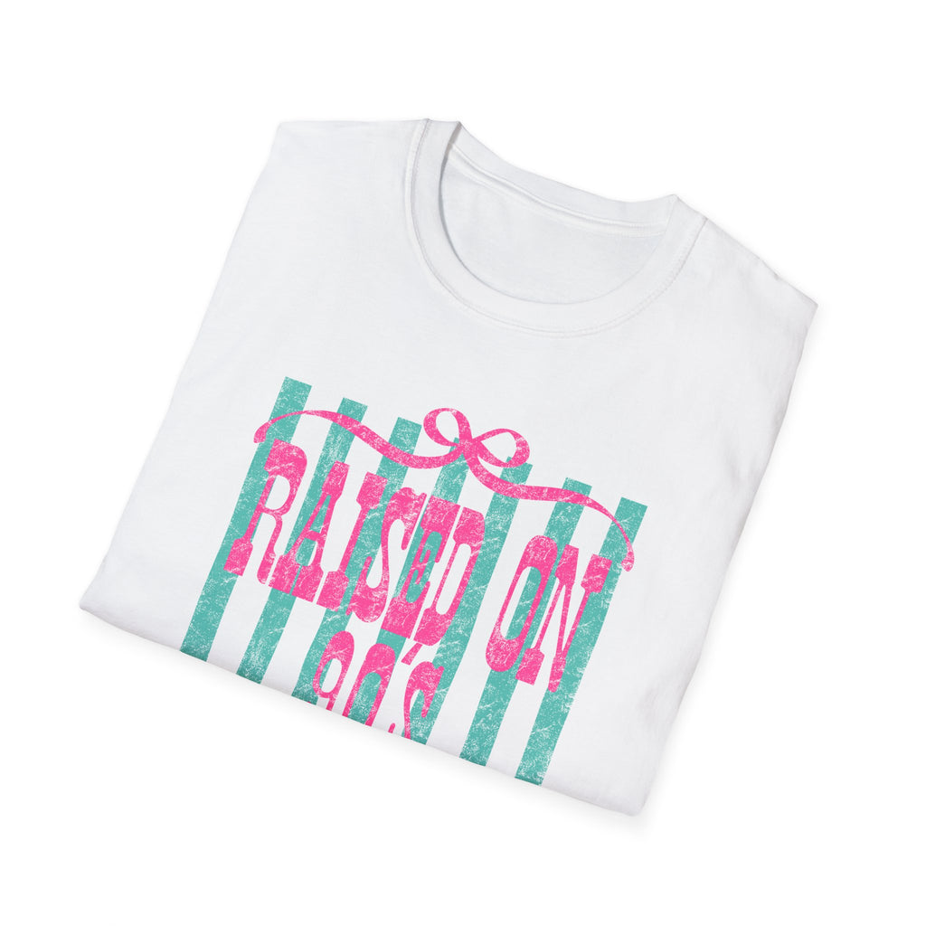 Raised On Rock & Country T-Shirt — Pink Teal Striped Graphic Tee