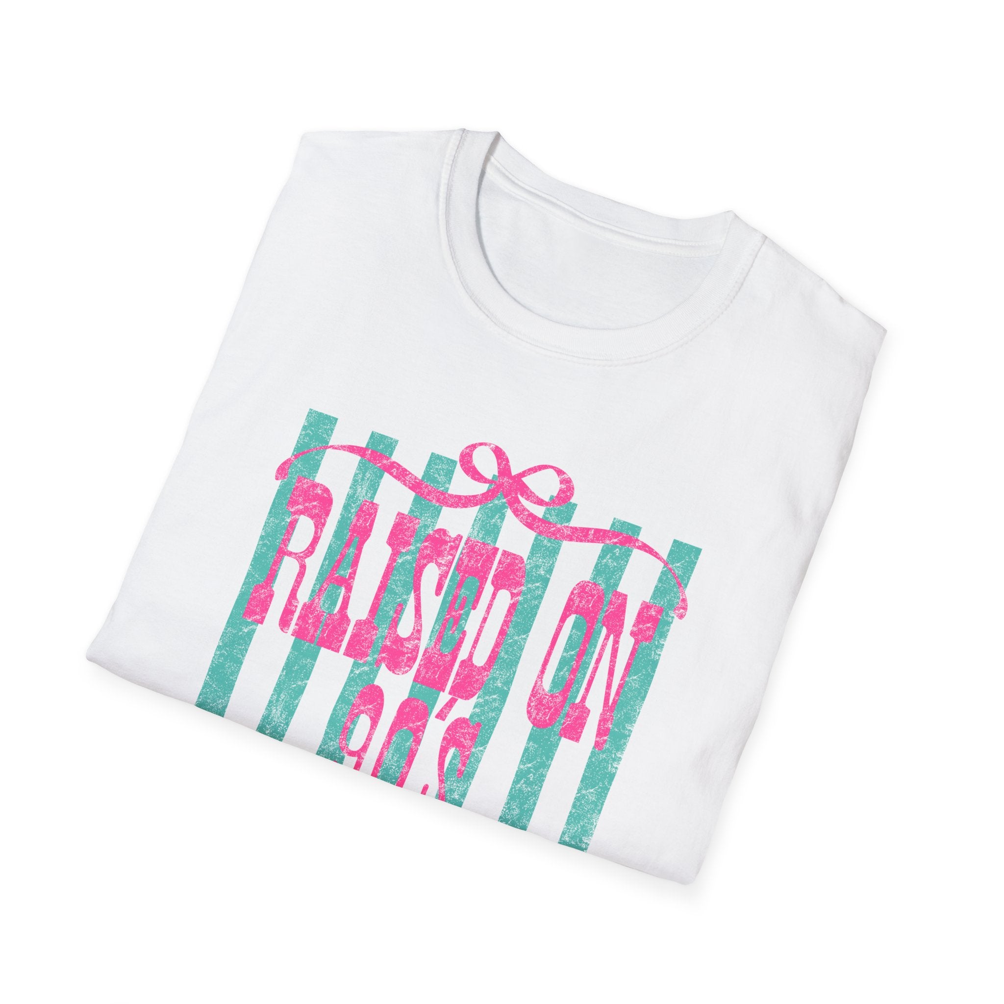 Raised On Rock & Country T-Shirt — Pink Teal Striped Graphic Tee