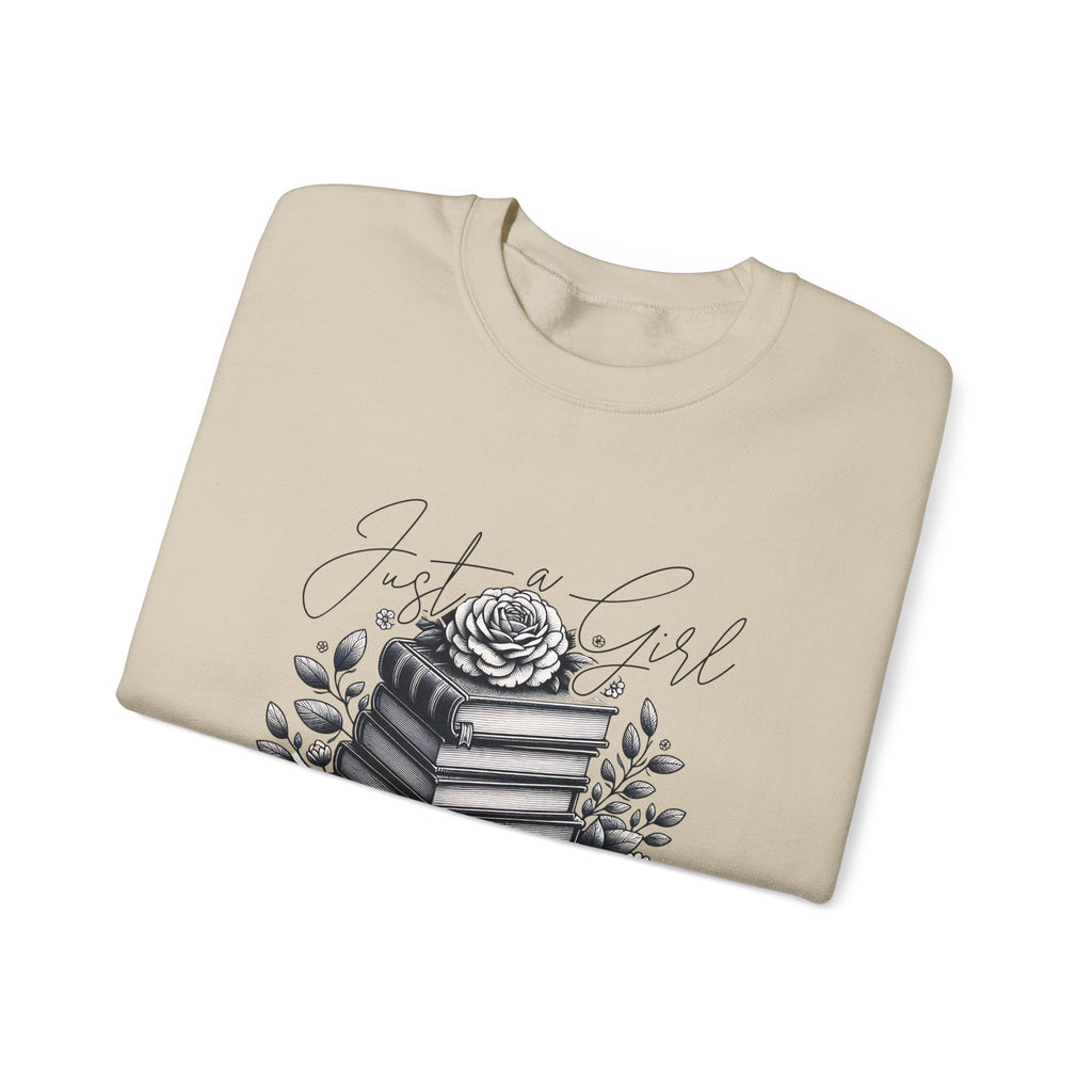 Book Lover Crewneck Sweatshirt — "Just a Girl Who Loves Books" Floral Stack Design