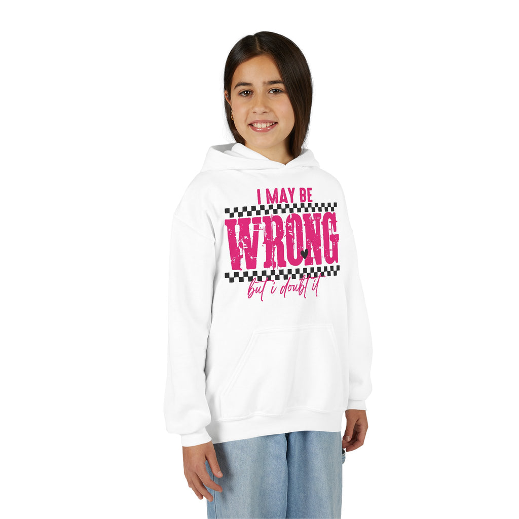 Youth Hoodie — "I May Be Wrong (But I Doubt It)" Pink Checker Graphic