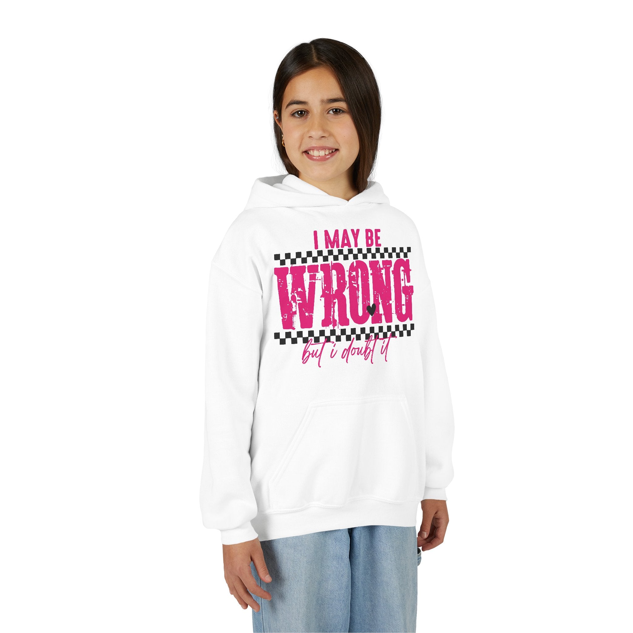 Youth Hoodie — "I May Be Wrong (But I Doubt It)" Pink Checker Graphic