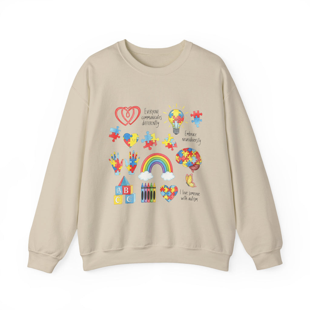 Autism Awareness Crewneck Sweatshirt — Puzzle Heart Rainbow Design