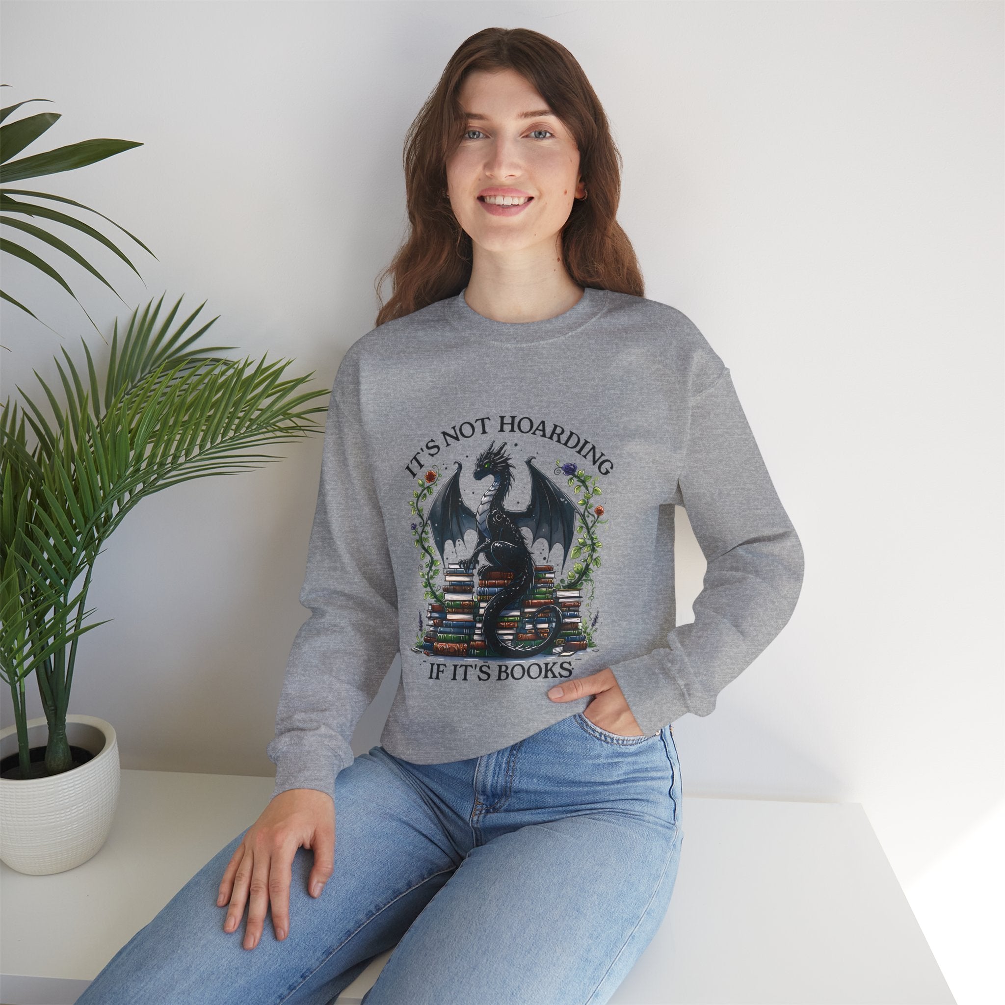 Book Dragon Crewneck Sweatshirt — "It's Not Hoarding If It's Books" Cozy Reader Pullover