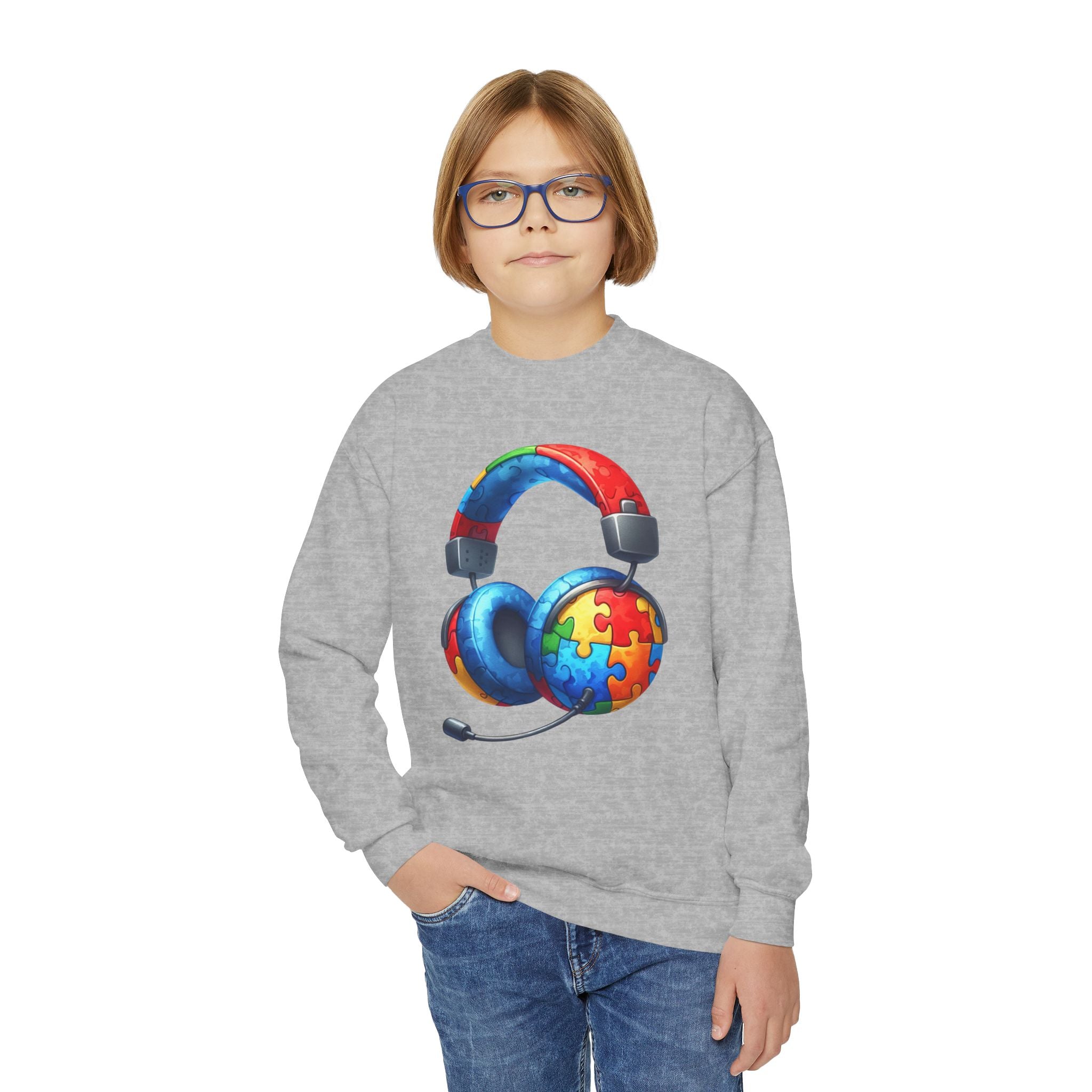 Youth Crewneck Sweatshirt — Colorful Headphones with Puzzle Heart Graphic (Autism Awareness)