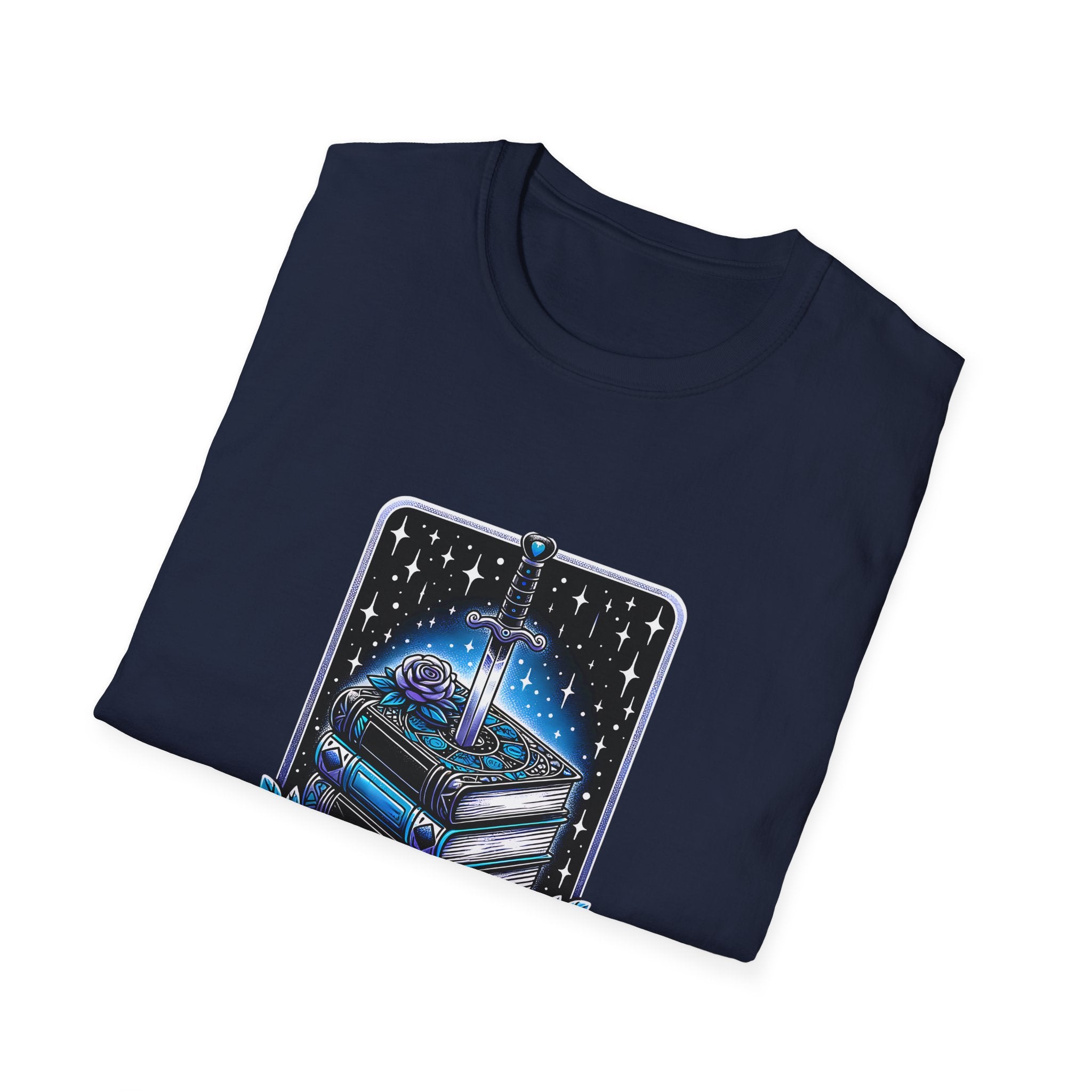 Fantasy Book Club T-Shirt — Stacked Books & Sword Night Sky Design