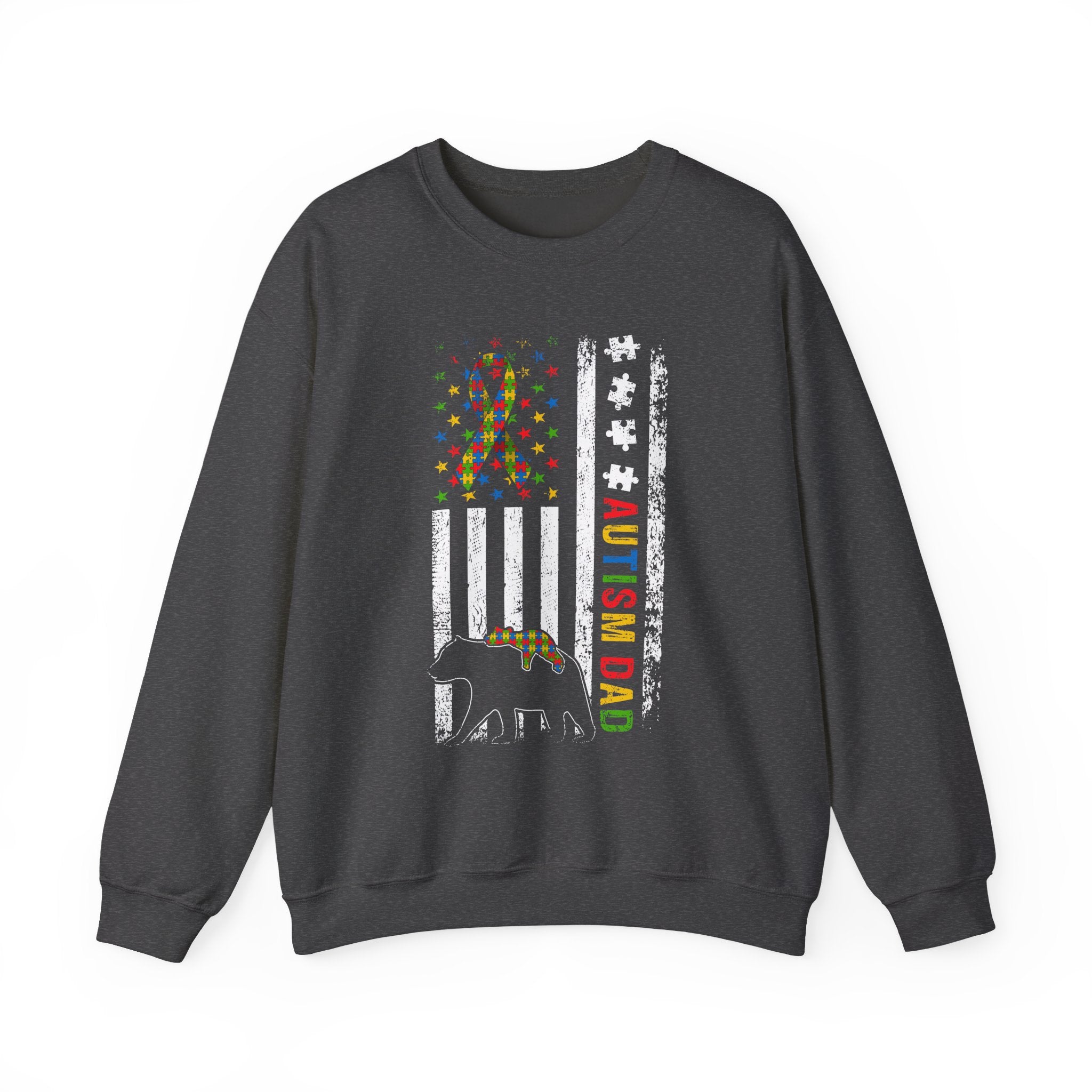 Autism Dad Crewneck Sweatshirt — American Flag Puzzle Ribbon Elephant Design