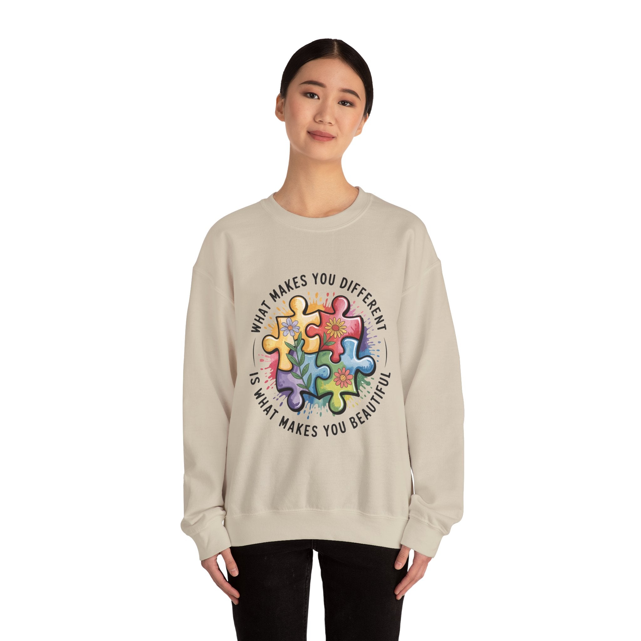 Autism Awareness Crewneck Sweatshirt — “What Makes You Different Is What Makes You Beautiful”