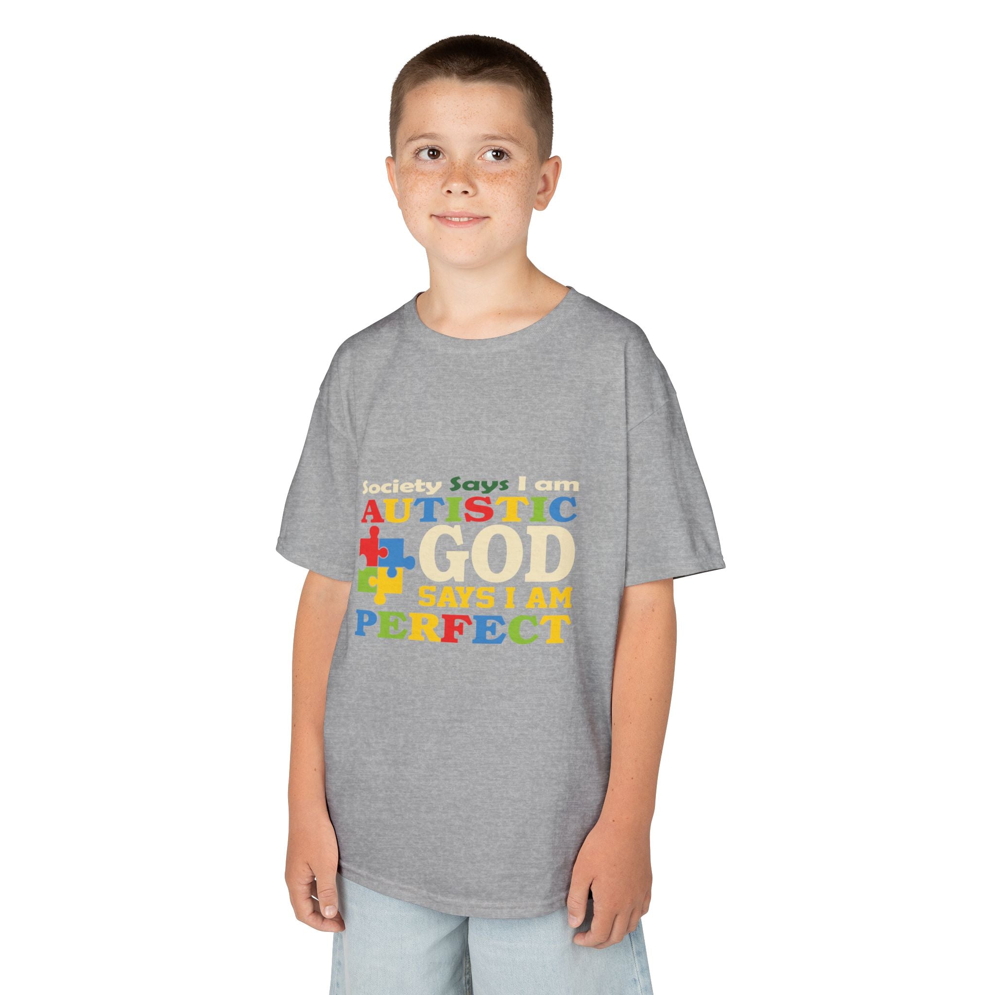 Kids Tee — "Autistic Says God Says I Am Perfect" Rainbow Puzzle Piece Autism Awareness Shirt