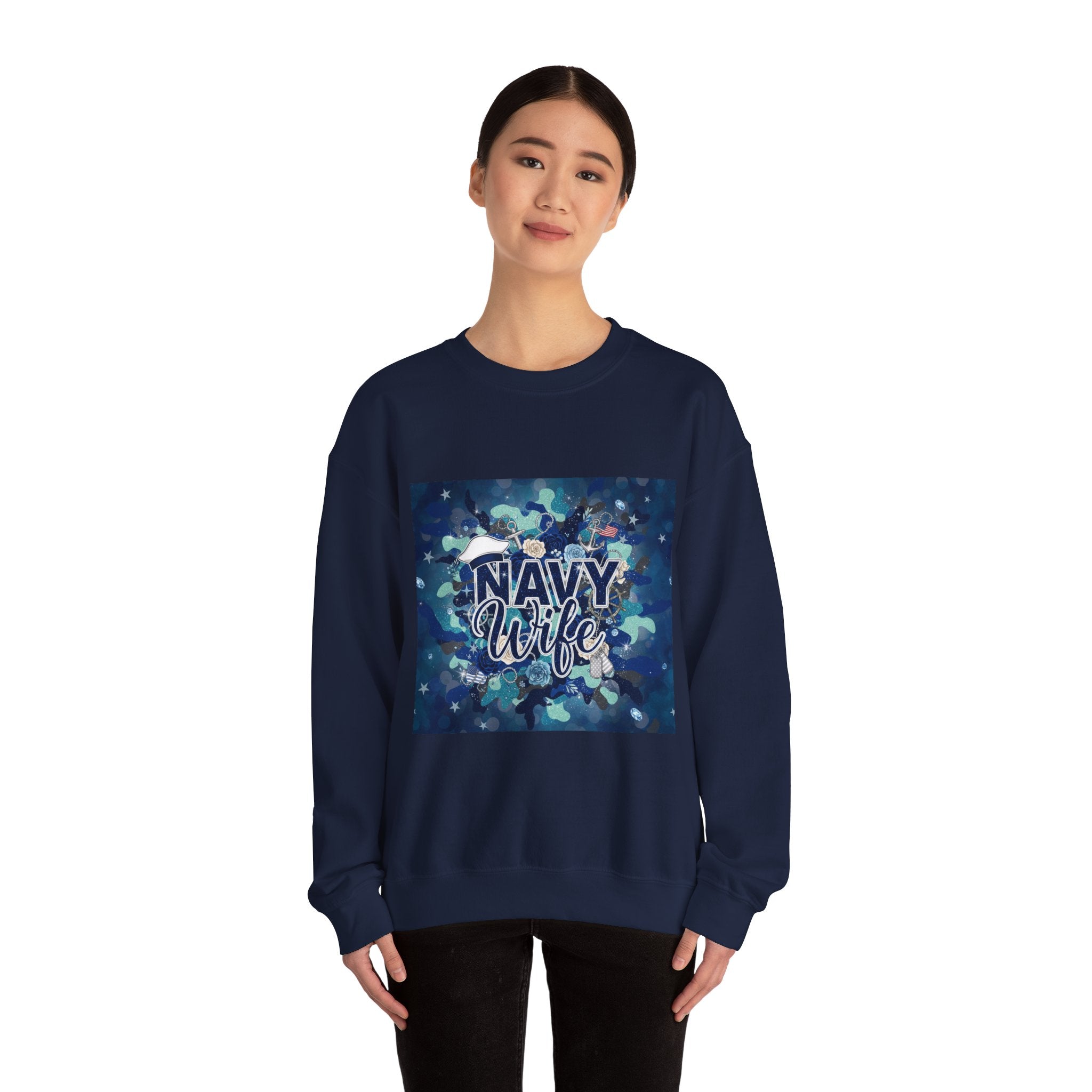 Navy Wife Crewneck Sweatshirt – Camouflage Heart Military Spouse Pullover