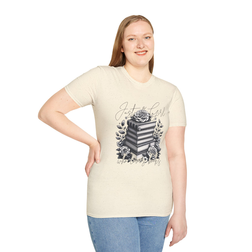 Book Lover T-Shirt — "Just a Girl Who Loves Books" Floral Stack Design