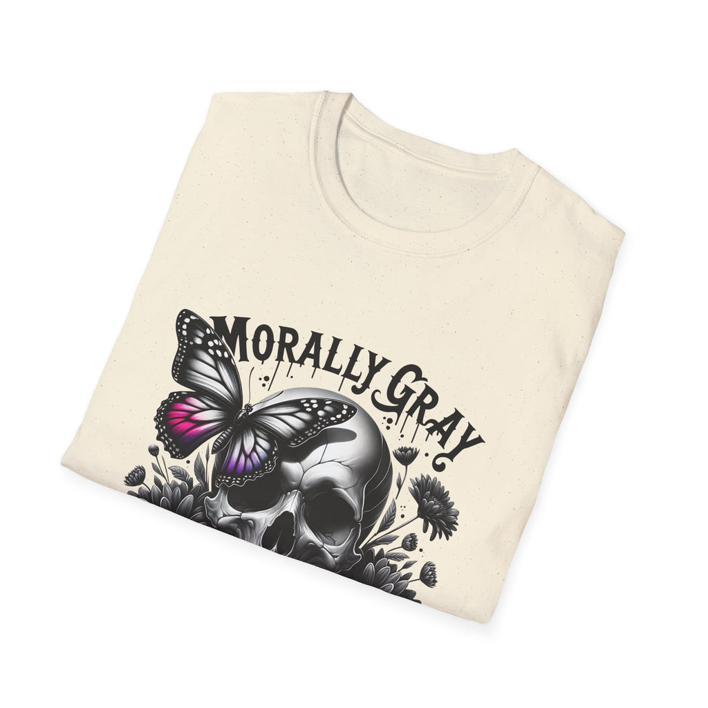 Morally Gray Skull T-Shirt — "Morally Gray and Proud of It" Gothic Butterfly Tee