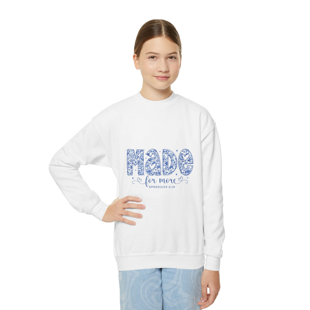 Youth Crewneck Sweatshirt — "Made for More" Floral Script Youth Sweatshirt