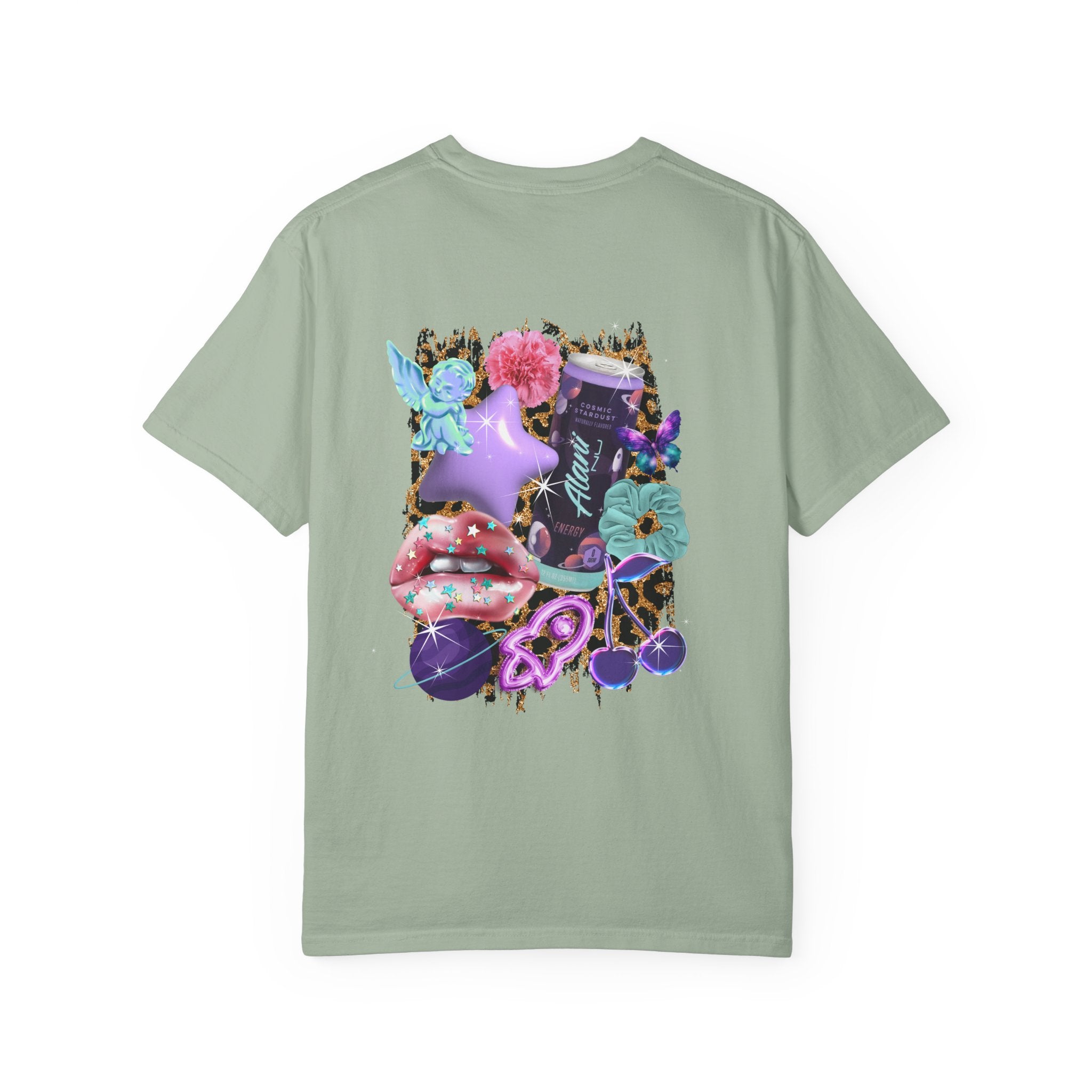 Graphic T-Shirt — 'Alani Nu' Collage Back Print, Retro Floral & Lip Art Tee