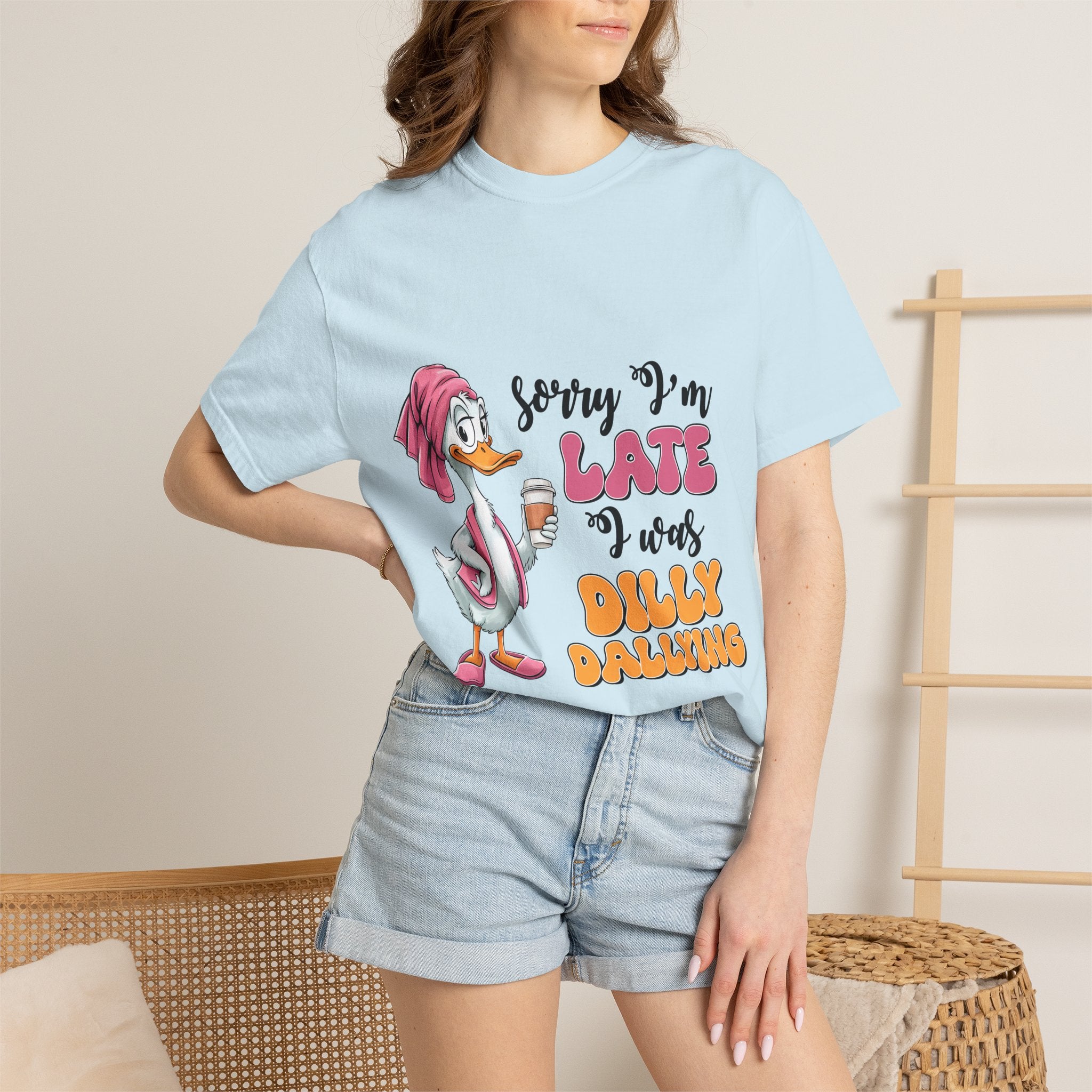 Funny Duck T-Shirt — "Sorry I'm Late I Was Dilly Dallying" Cartoon Tee