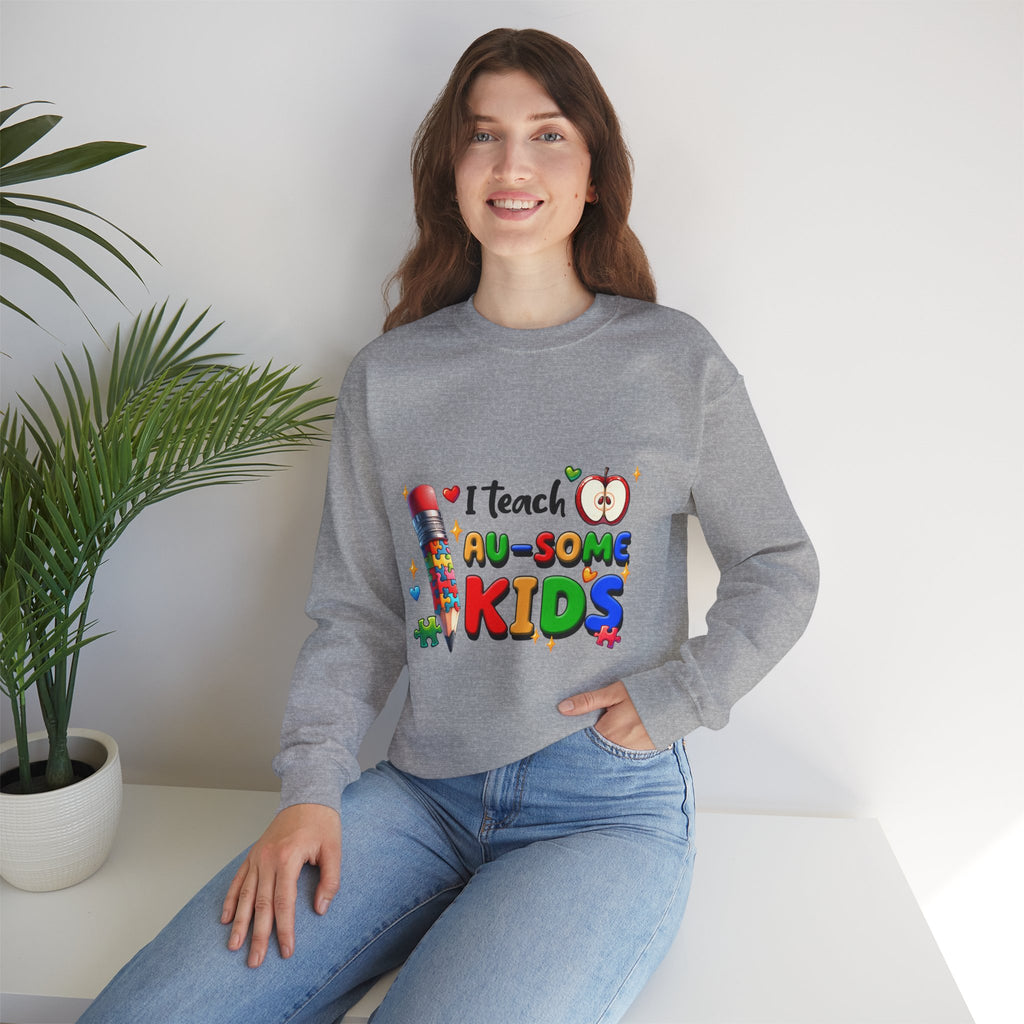 Teacher Crewneck Sweatshirt — “I Teach Au-some Kids” Colorful Autism Awareness Design