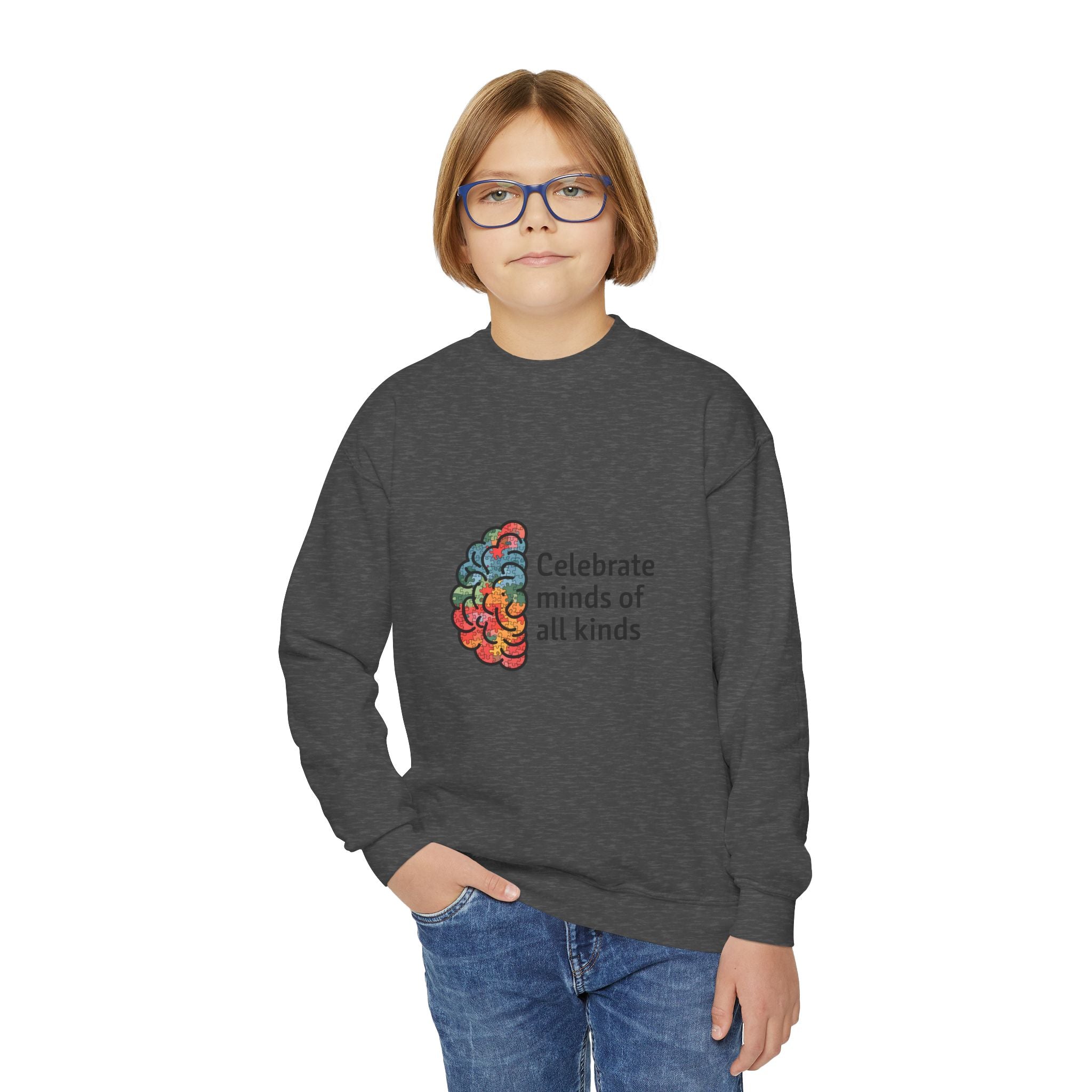 Celebrate Minds Youth Crewneck Sweatshirt — Colorful Brain Design