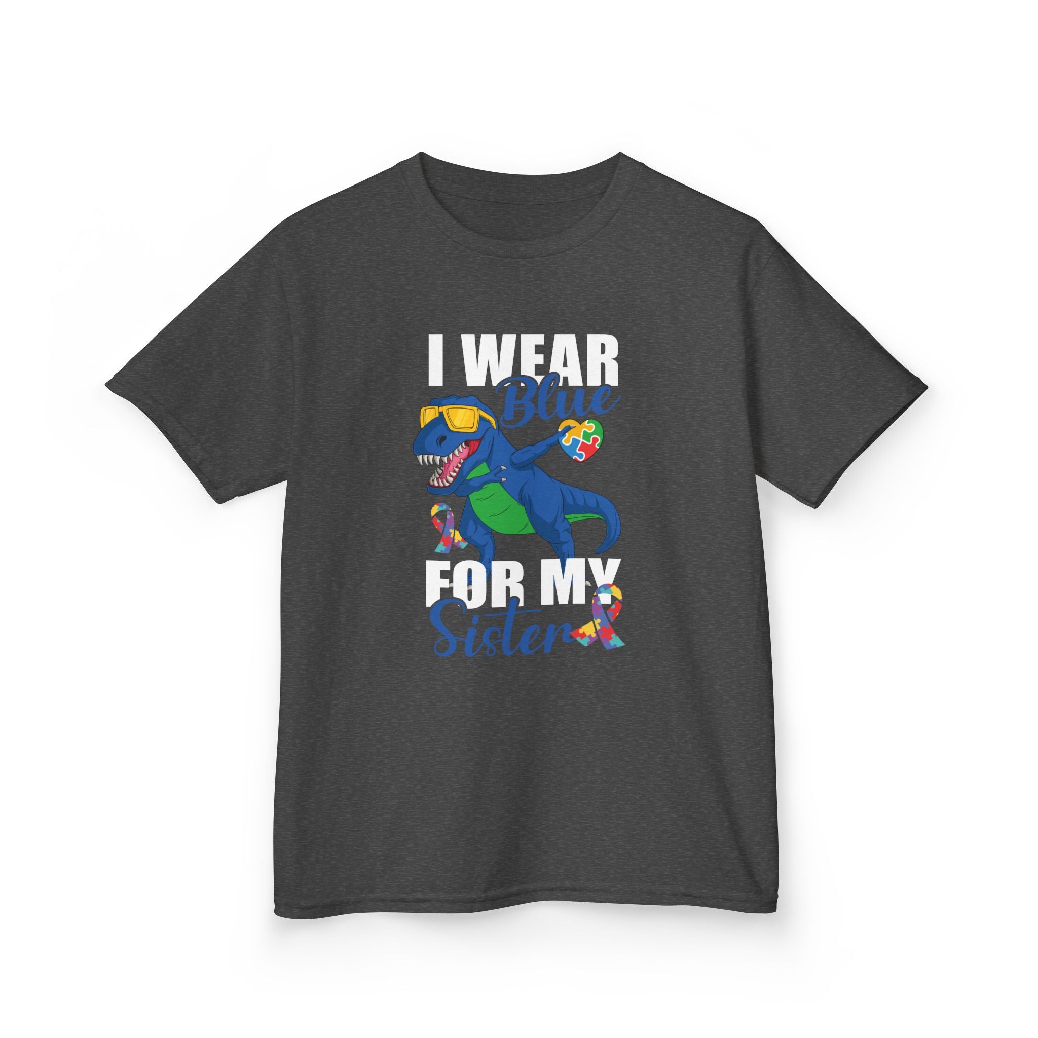 Kids T‑Shirt — "Blue Sister" Rainbow Autism Awareness Dino Tee