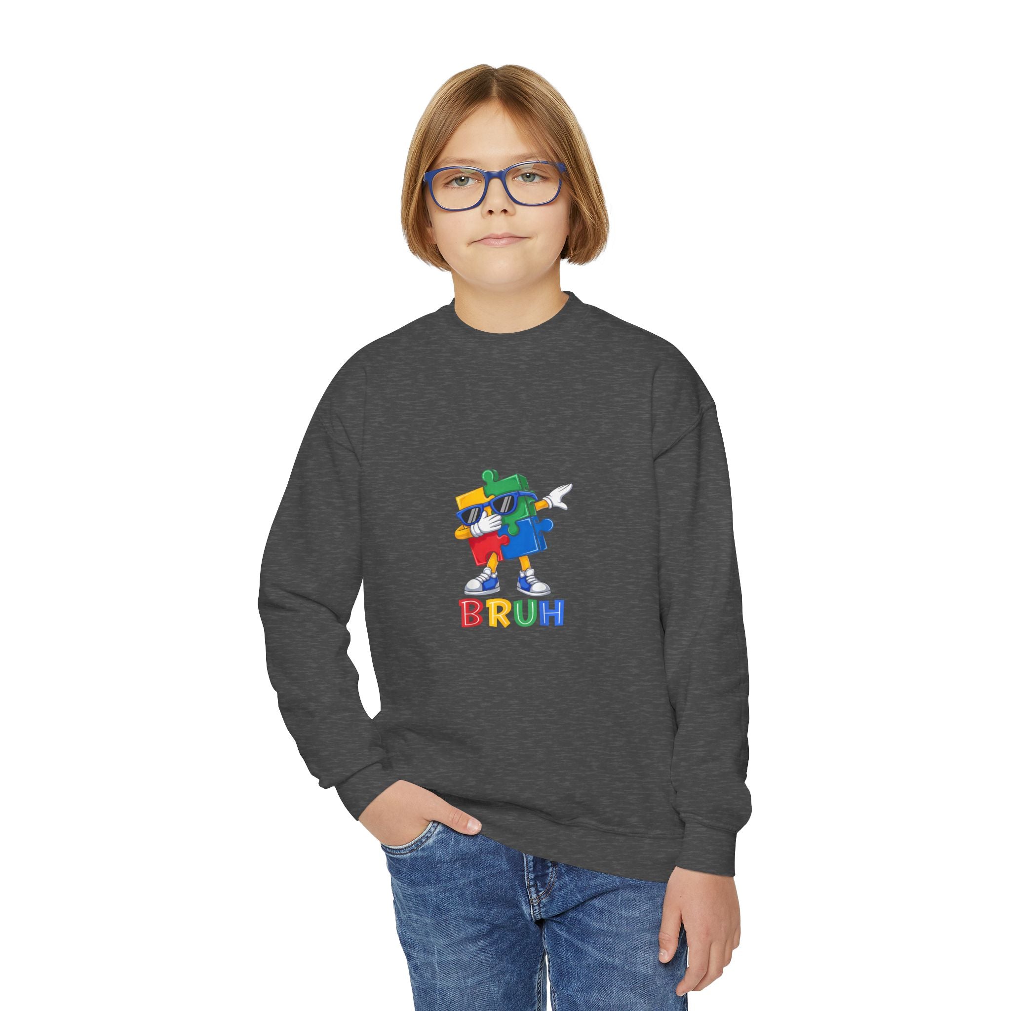 Youth Crewneck Sweatshirt — Colorful Cartoon Puzzle 'BRUH' Graphic