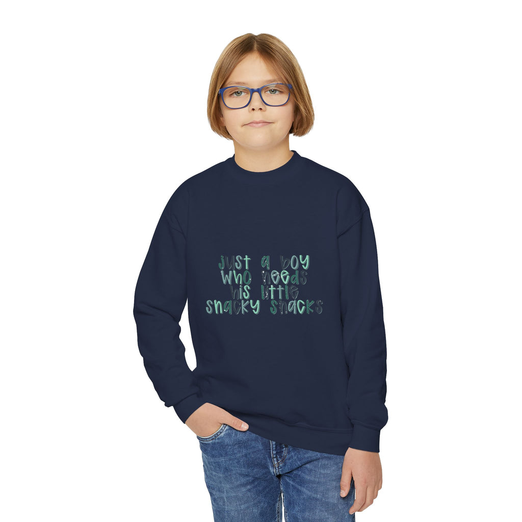 Youth Sweatshirt — "Just a Boy Who Needs His Little Snacky Snacks" Graphic