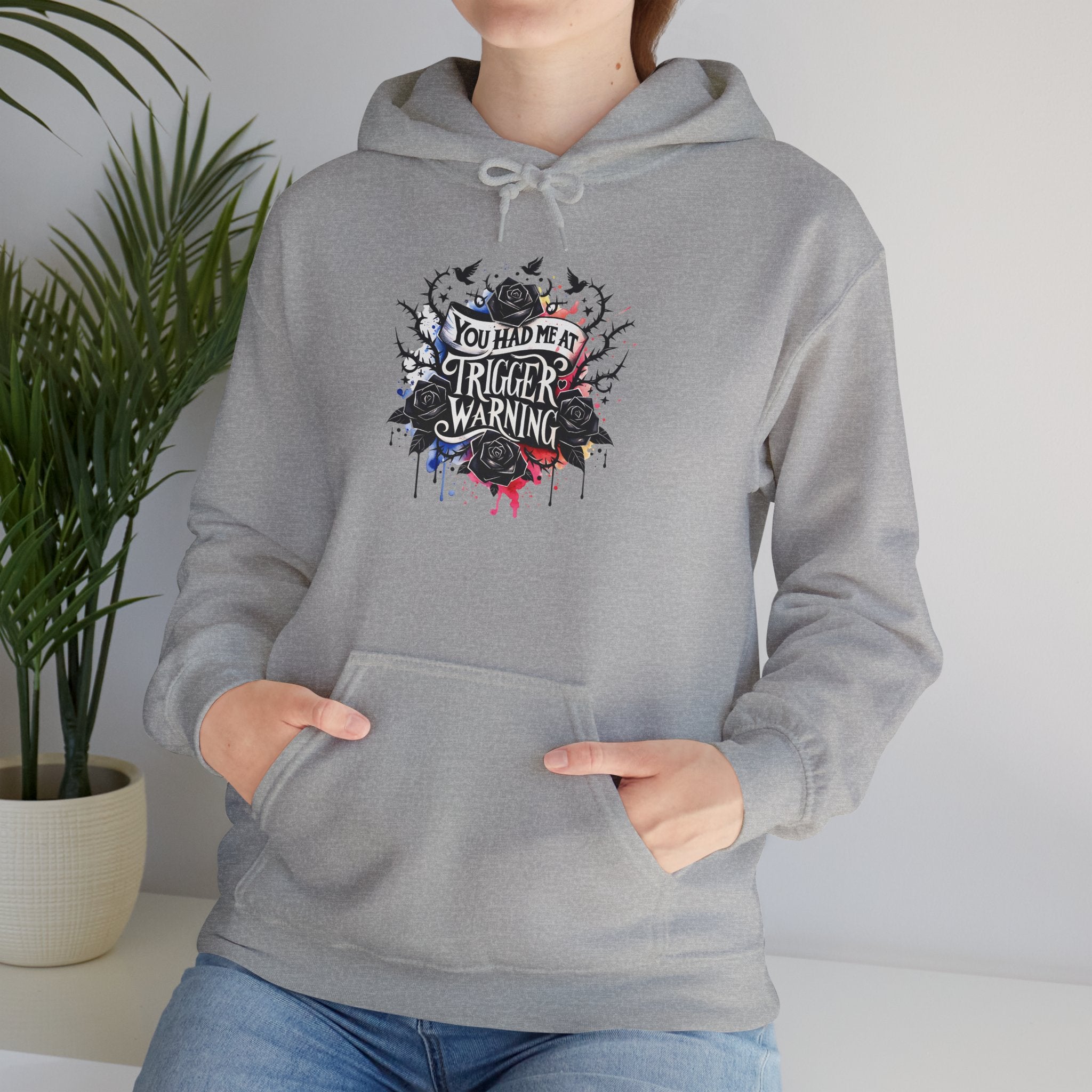 Trigger Warning Graphic Hoodie — Edgy Drip Paint Design
