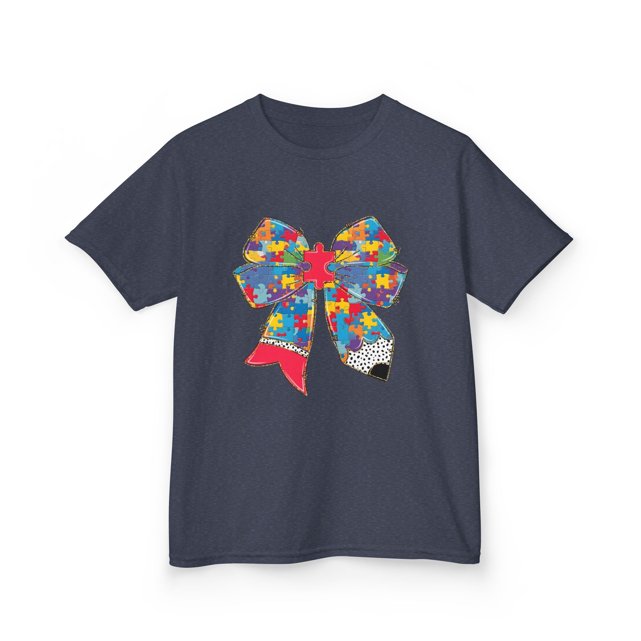 Autism Awareness Puzzle Bow Kids T‑Shirt – Autism Acceptance Gift