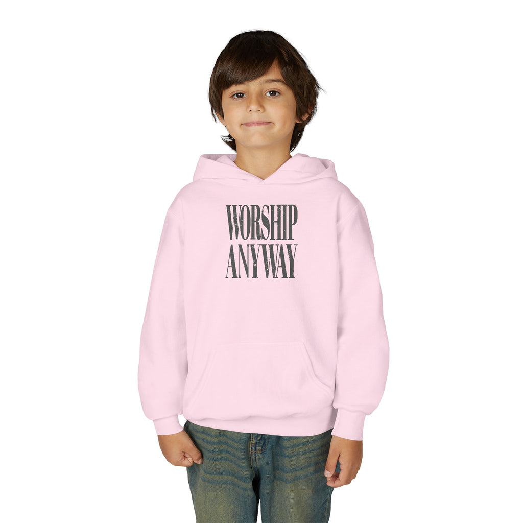 Youth Hoodie — "Worship Anyway" Minimalist Faith Pullover