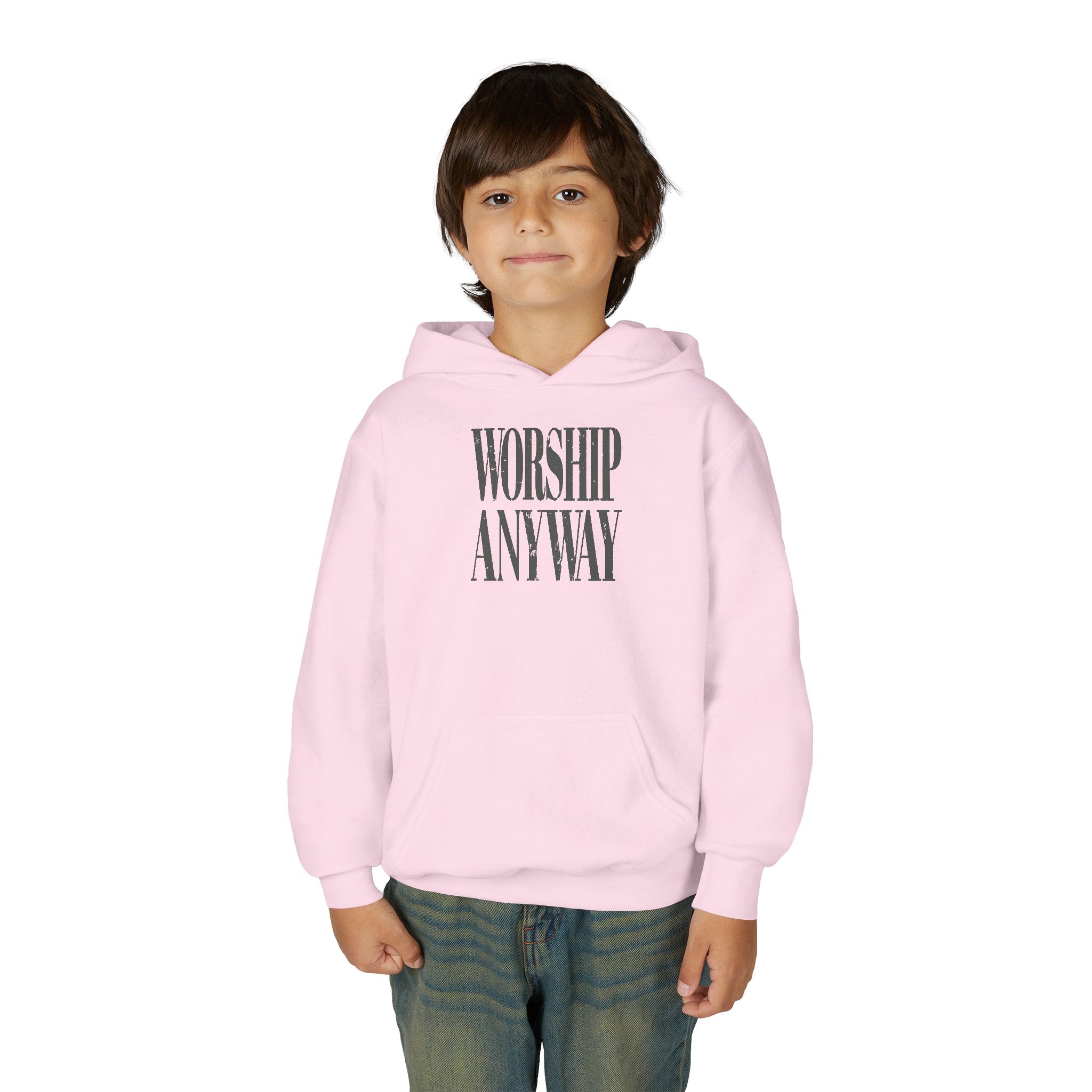 Youth Hoodie — "Worship Anyway" Minimalist Faith Pullover