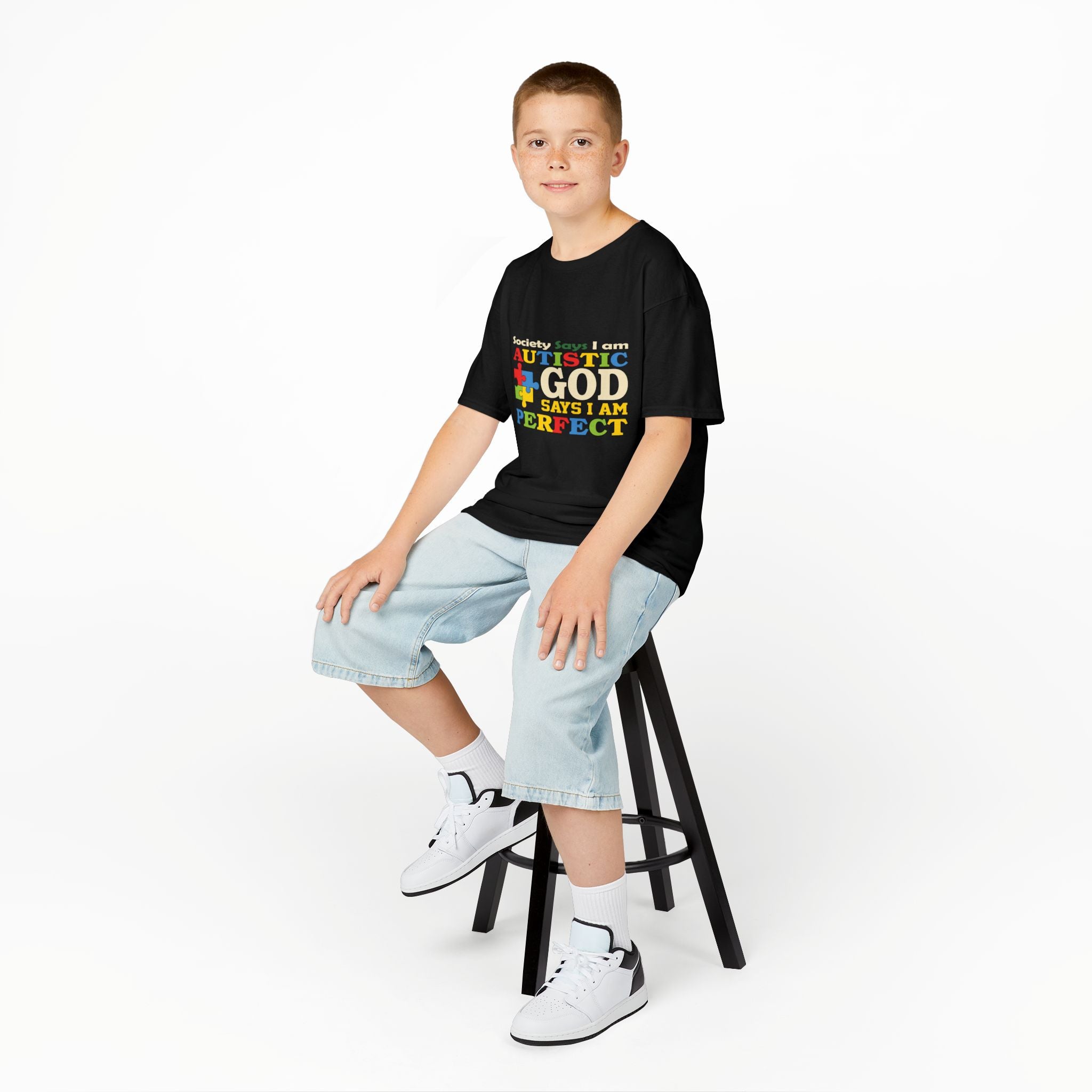 Kids Tee — "Autistic Says God Says I Am Perfect" Rainbow Puzzle Piece Autism Awareness Shirt