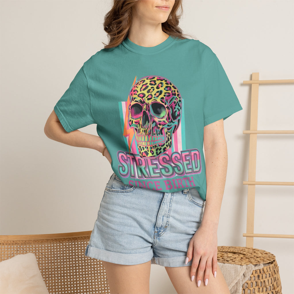 Stressed Since Birth T-Shirt — Neon Leopard Skull Graphic Tee