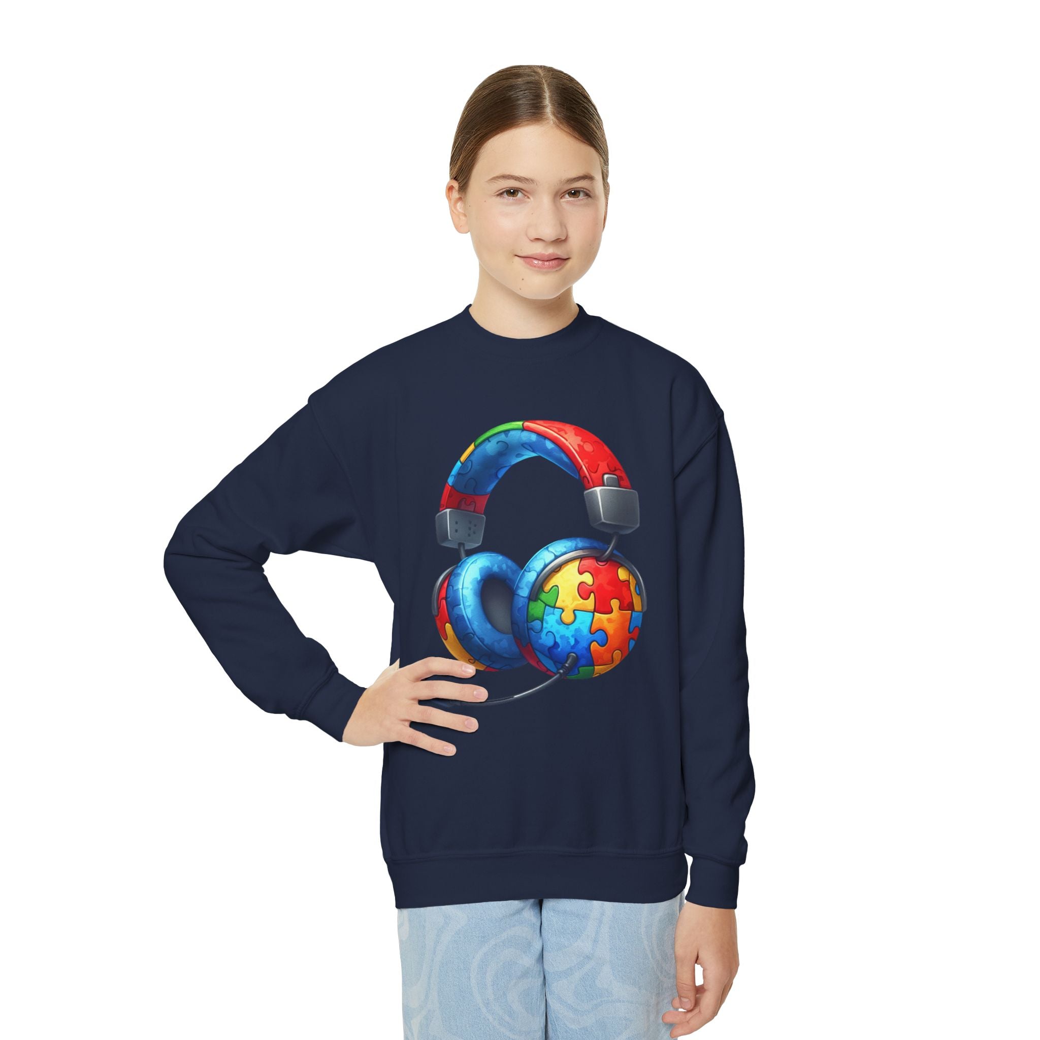 Youth Crewneck Sweatshirt — Colorful Headphones with Puzzle Heart Graphic (Autism Awareness)