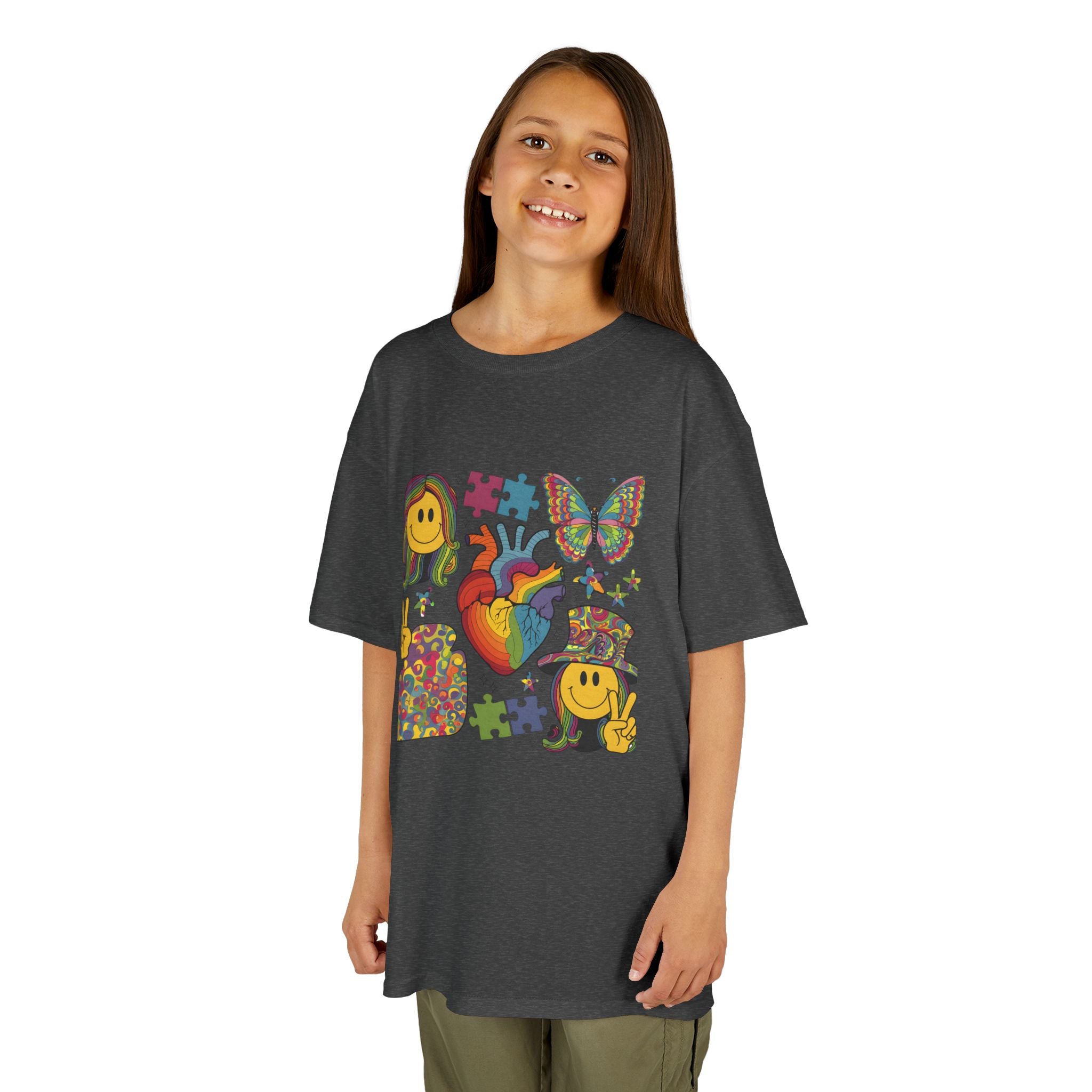 Kids Tee — Colorful Psychedelic Smiley & Puzzle Heart Graphic
