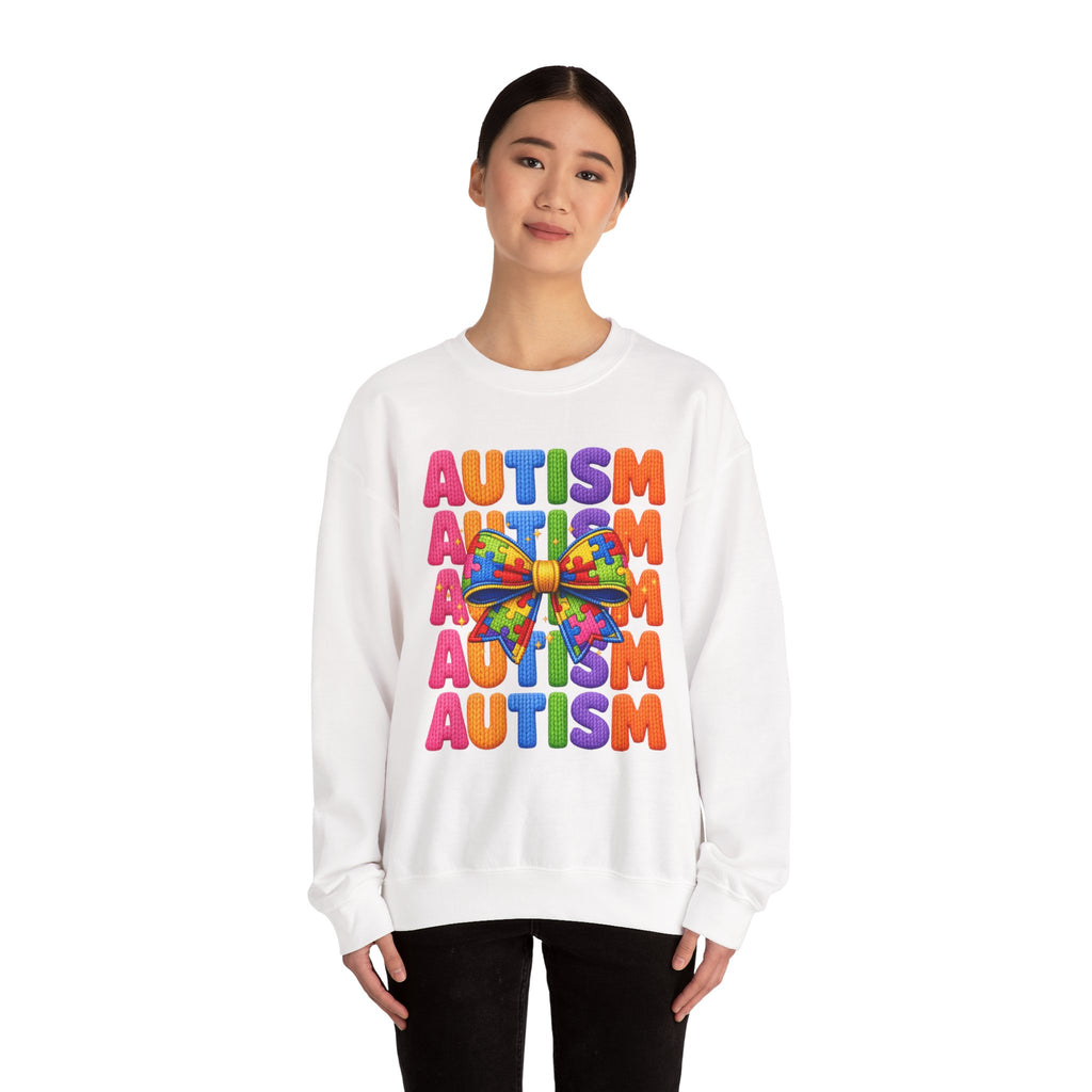 Autism Awareness Crewneck Sweatshirt — Colorful Puzzle Bow Design