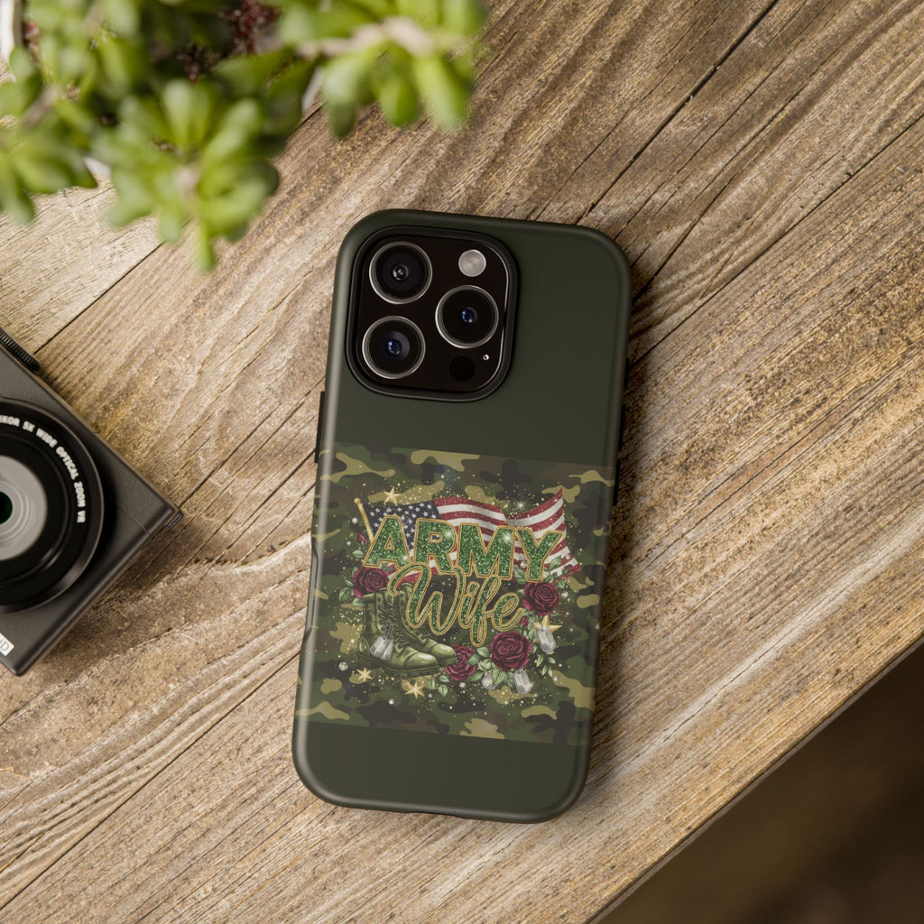 Army Wife Tough Phone Case — Camo Flag Design with Roses