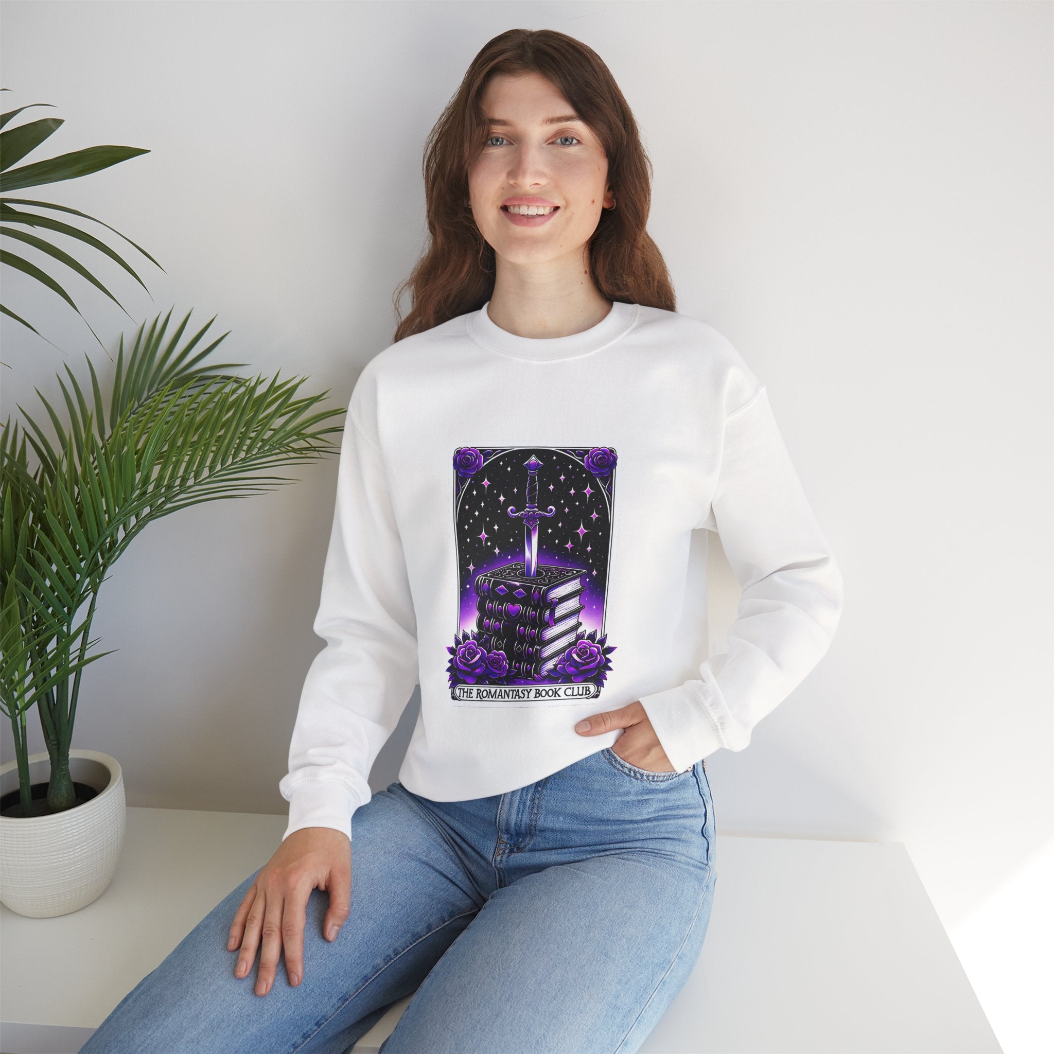 Crewneck Sweatshirt — The Bookish Witch: 'The Enchanted Book Club' Purple Sword & Books Graphic