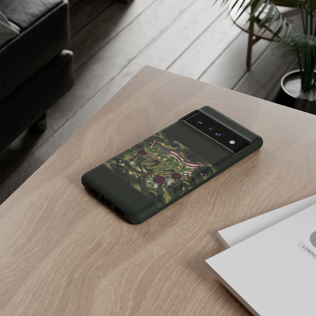 Army Wife Tough Phone Case — Camo Flag Design with Roses