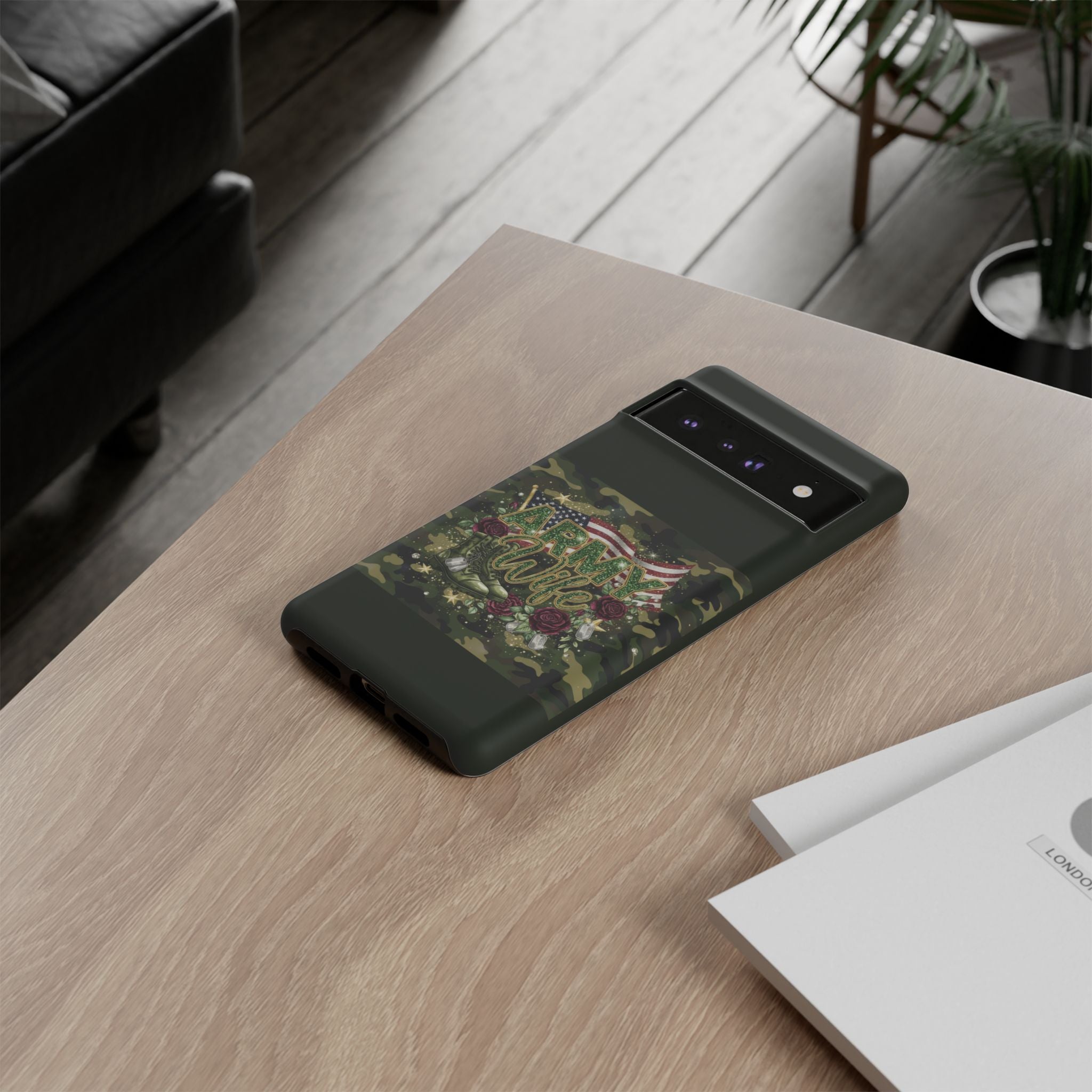 Army Wife Tough Phone Case — Camo Flag Design with Roses