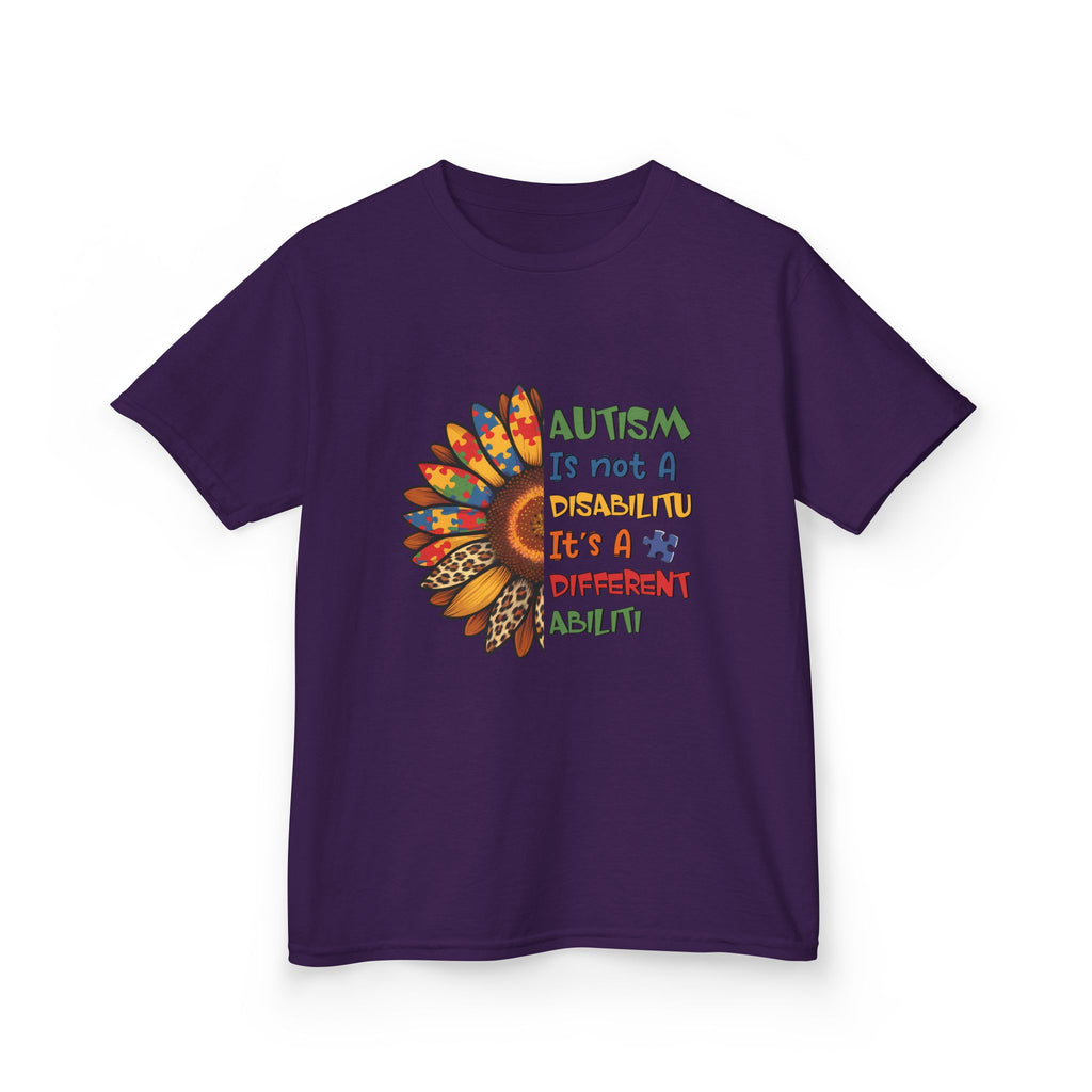 Kids Tee — "Autism Is Not A Disability It's A Different Ability" Colorful Feather Design