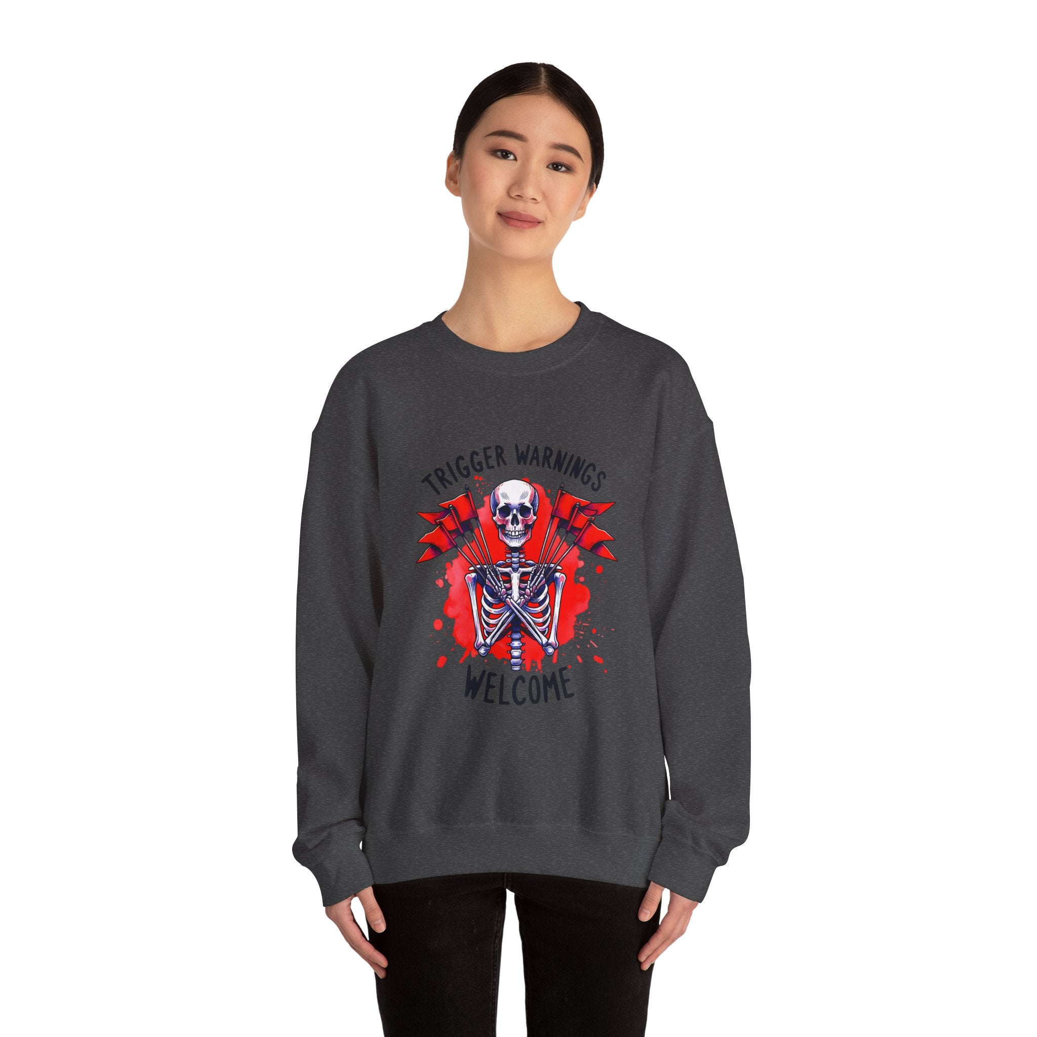 Skeleton Graphic Sweatshirt — "Trigger Warnings Welcome" Gothic Crewneck