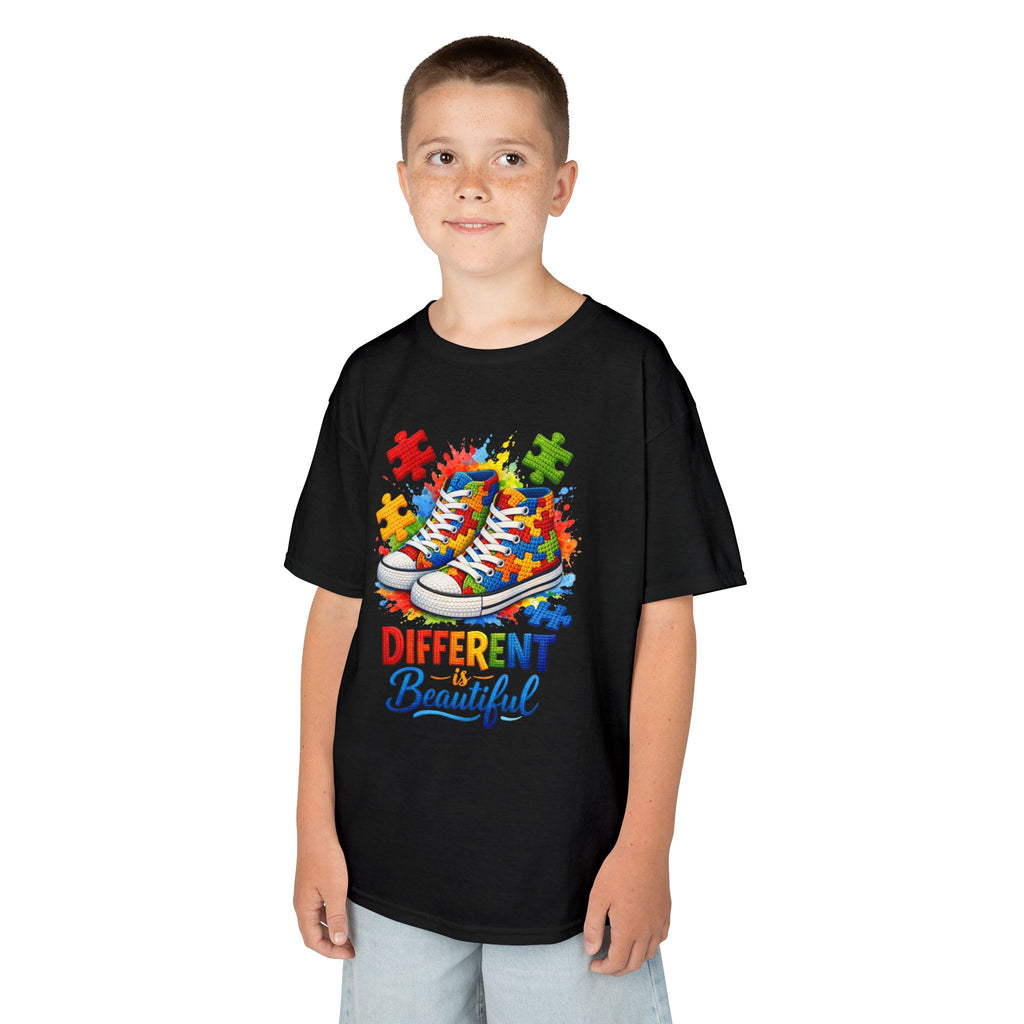 Kids T‑Shirt — 'Different Beautiful' Autism Awareness Sneakers Design