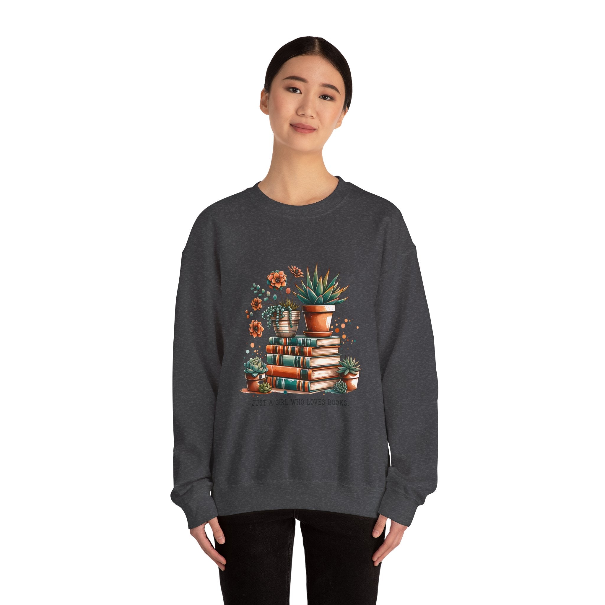 Booklover Sweatshirt — “Just a Girl Who Loves Books” Floral Plants & Stacks Crewneck