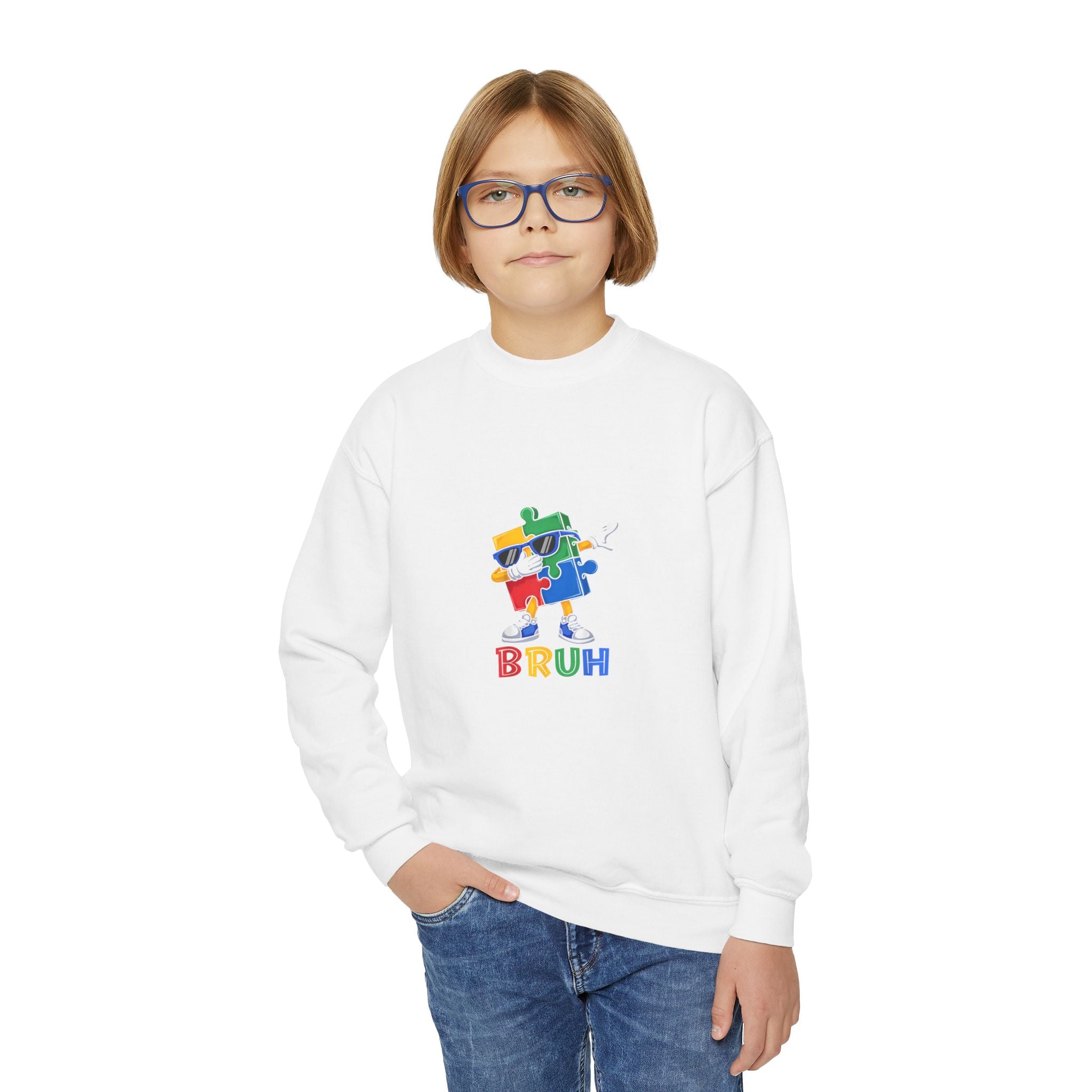Youth Crewneck Sweatshirt — Colorful Cartoon Puzzle 'BRUH' Graphic