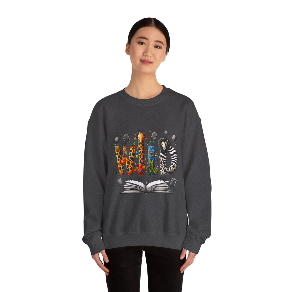 Sweatshirt — "Wild About Reading" Animal Letters Book Lover Crewneck