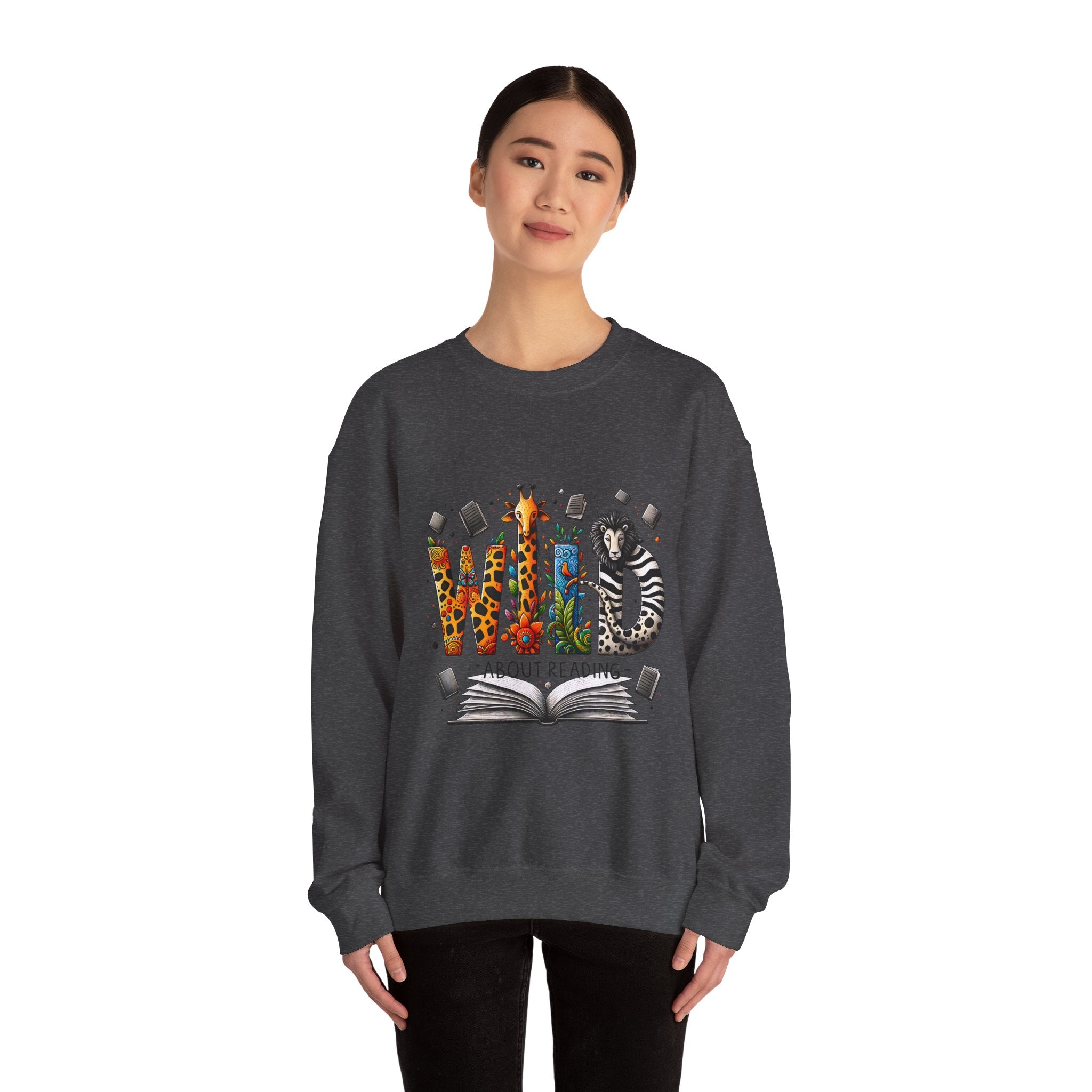 Sweatshirt — "Wild About Reading" Animal Letters Book Lover Crewneck