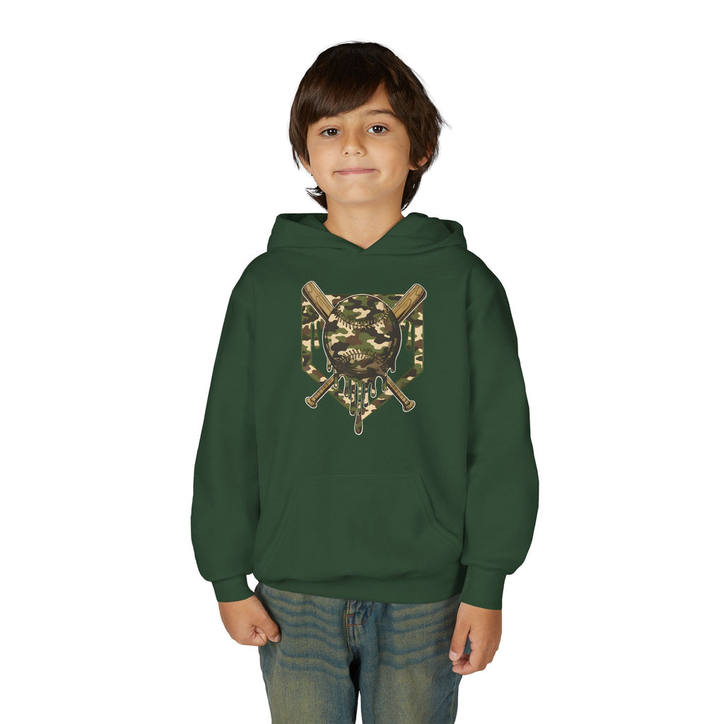 Youth Camo Baseball Crest Hoodie – Camouflage Bat & Home Plate Graphic